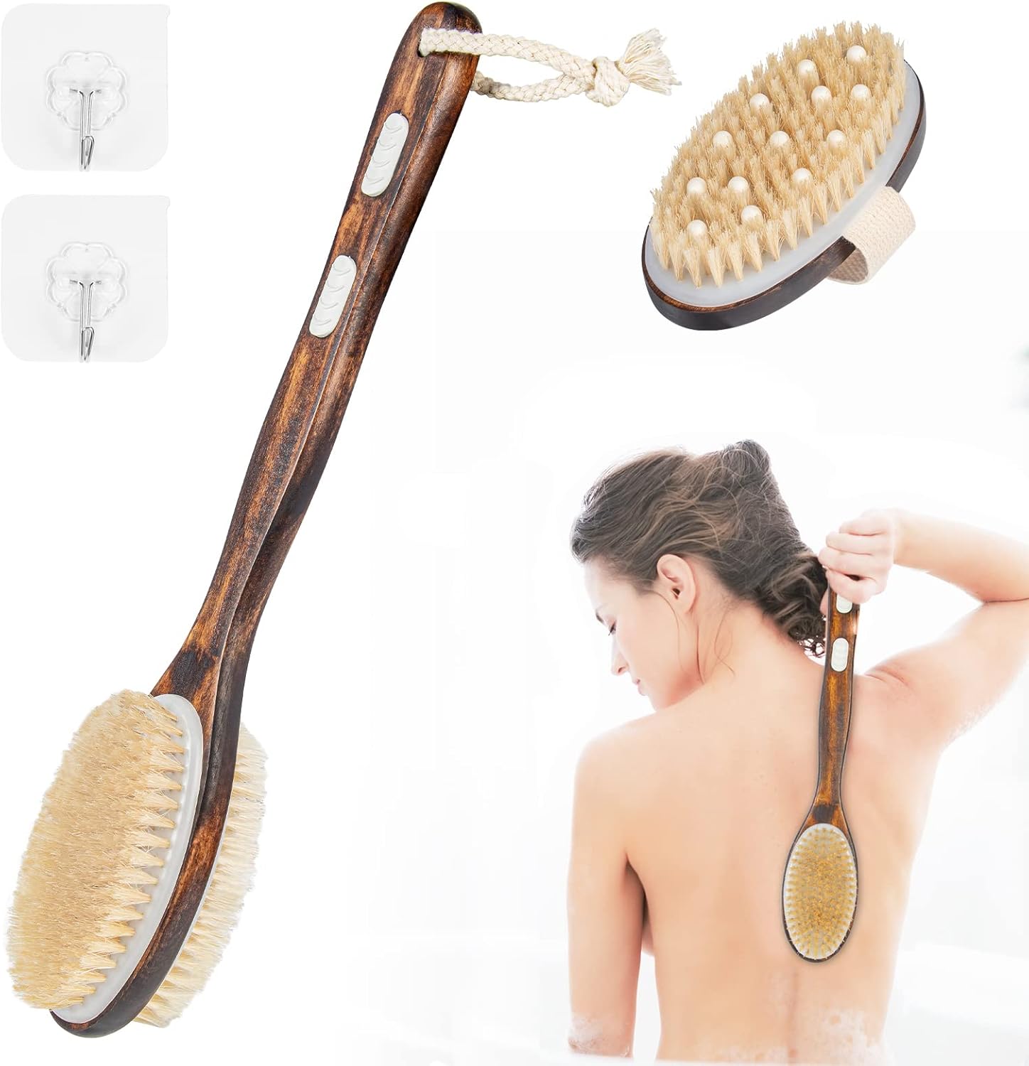 2er-Set Rückenbürste, Badebürste, Duschbürste mit langem Griff, Körperbürste, Peelingbürste, Naturborsten, Badebürste zur Entfernung abgestorbener Haut, Cellulite, verbessert die Lymphfunktionen