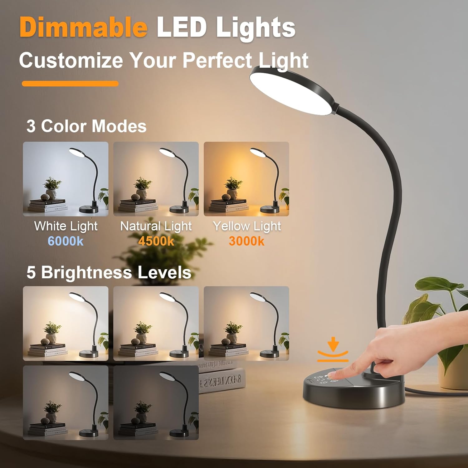 15 W LED-Schreibtischlampe mit USB-A & USB-C – Dimmbar, 3 Farbtemperaturen, 5 Helligkeitsstufen, 4 Timer, flexibler 360°-Schwanenhals, augenfreundlich, Tischlampe für Büro & Schlafzimmer – Schwarz – Bild 2