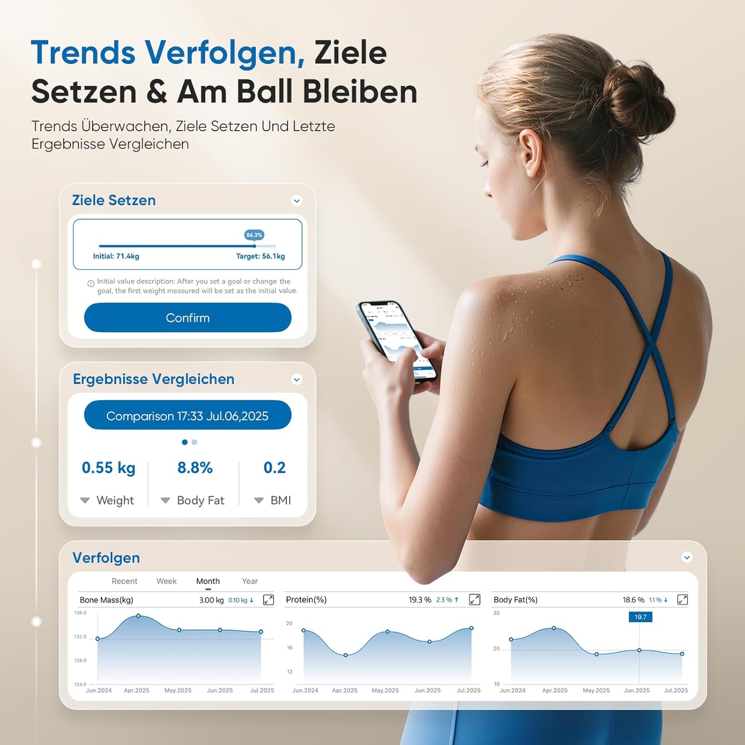 Personenwaage, Körperfettwaage, intelligente Personenwaage, digital, 28 Messwerte, 8 Elektroden, Dual-Frequenz-BIA-Körperwaage, VA-Display, Körperwaage, digital, Bluetooth, kompatibel mit iOS/Android, 180 kg/400 lbs – Bild 5
