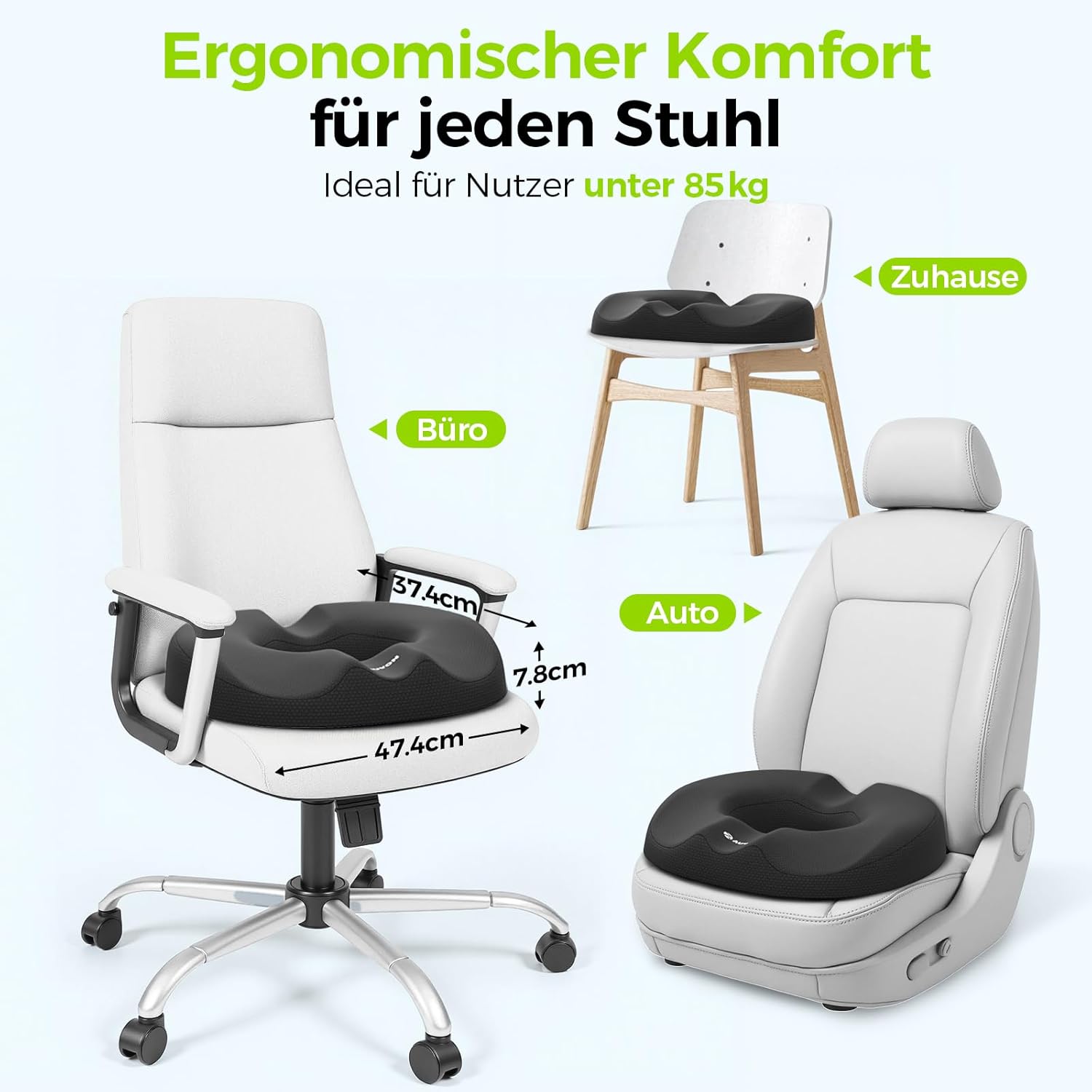AUVON Orthopädisches rundes Sitzkissen mit doppelter U-Form und Oberschenkel-Entlastungsschräge, Hämorrhoiden-Sitzkissen, Bürostuhl, Auto, Sitzring erhöht den Sitzkomfort, fördert die Durchblutung, entlastet das Steißbein – Bild 7