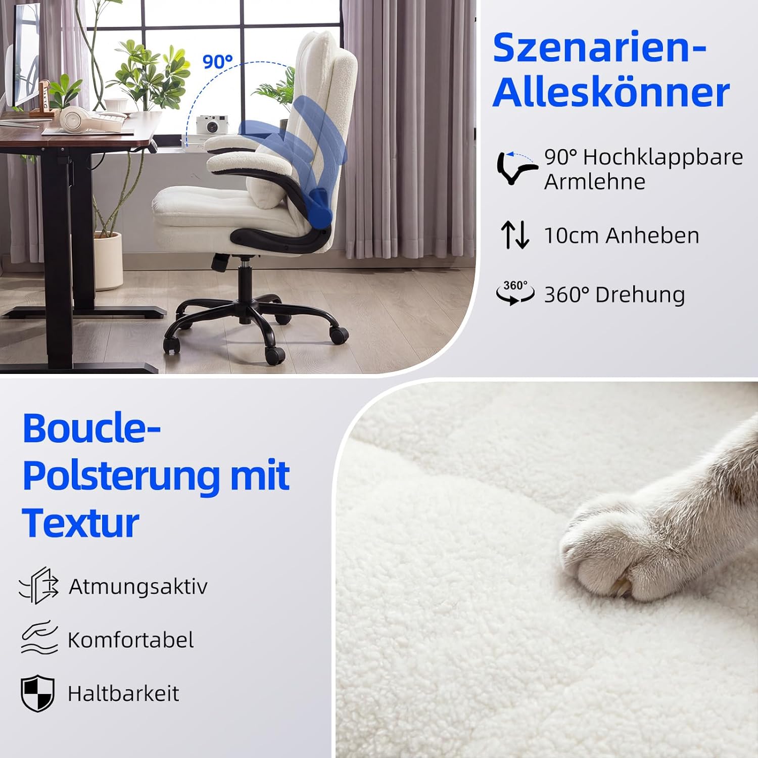 Ergonomischer Bürostuhl (Testsieger), Schreibtischstuhl, Teddystoff & hohe Rückenlehne, höhenverstellbar & Wippfunktion, Chefsessel, 150 kg, Drehstuhl mit Rollen, PC-Stuhl, Beige – Bild 5