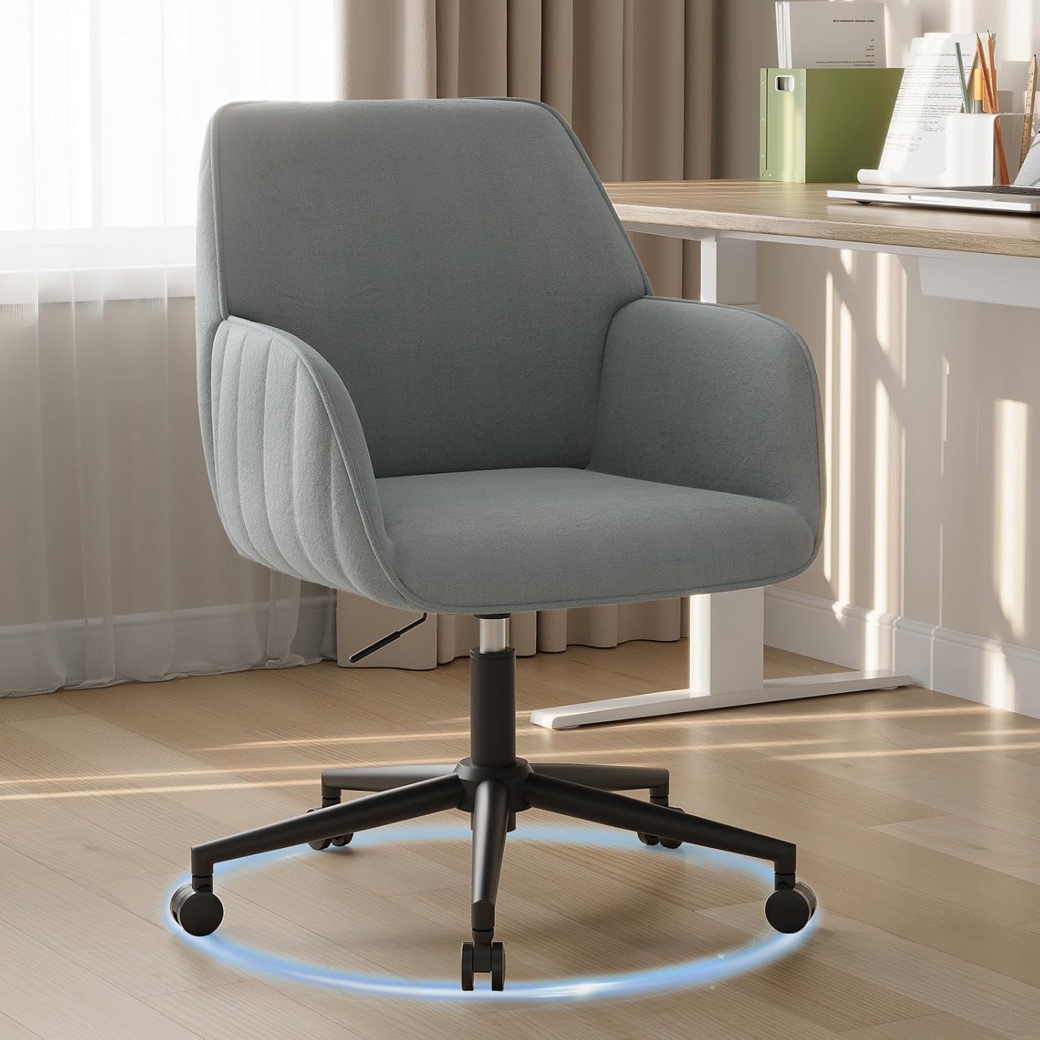 Schreibtischstuhl, Bürostuhl, Heimbüro, Drehstuhl, Samt-Make-up-Stuhl mit Armlehnen, Rollen, ergonomisch, bequem, Damen, Mädchen, Schminkstuhl, höhenverstellbar, Schlafzimmer, Heimbüro, Grau