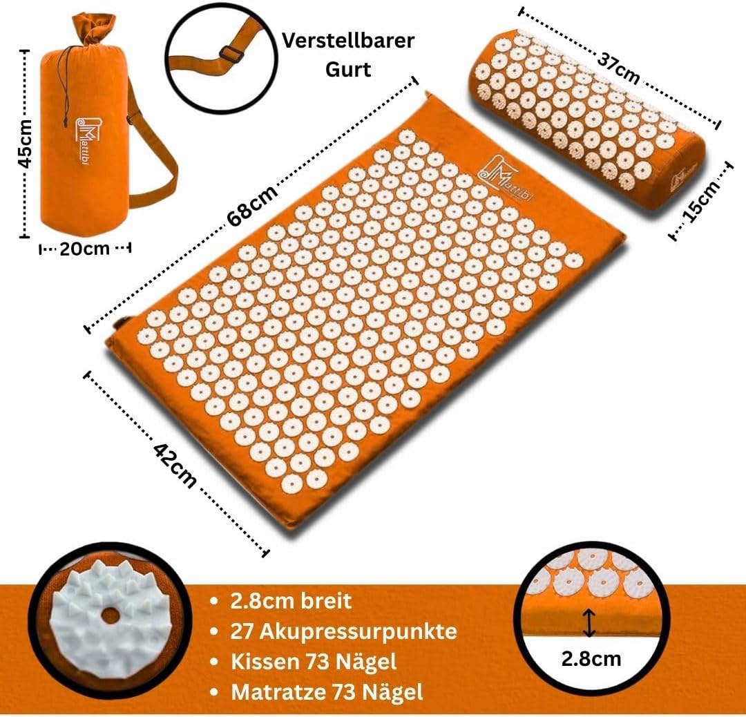 Akupressurmatte mit Kissen für Massage und Schmerzlinderung (Das Original), orangefarbenes Nadelmatten-Set zur Entspannung für Nacken, Rücken, Füße, Yantra-Matte, Stachelmatte für Meditation – Bild 2