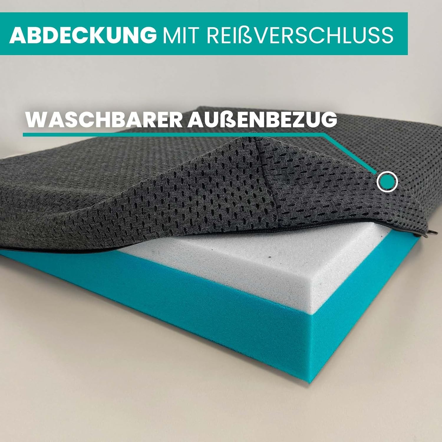 Sitzkissen Orthopädischer Memory-Schaum + HR-Schaum 42 x 42 x 8 cm – Orthopädisches Sitzkissen, Dekubitus-Sitzkissen, Rollstuhl-Sitzkissen – waschbarer Bezug Valentia Medical – Bild 2