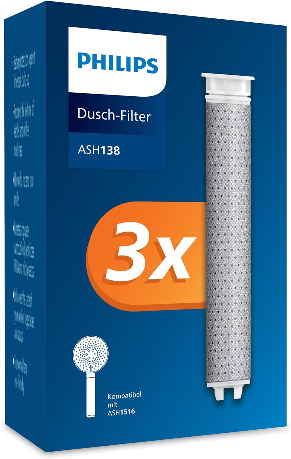 Philips Water Duschkopf mit Filter - Ersatzfilter 3 PACK, entfernt effektiv Chlor und andere große Partikel, 1 Monat Filterkapazität