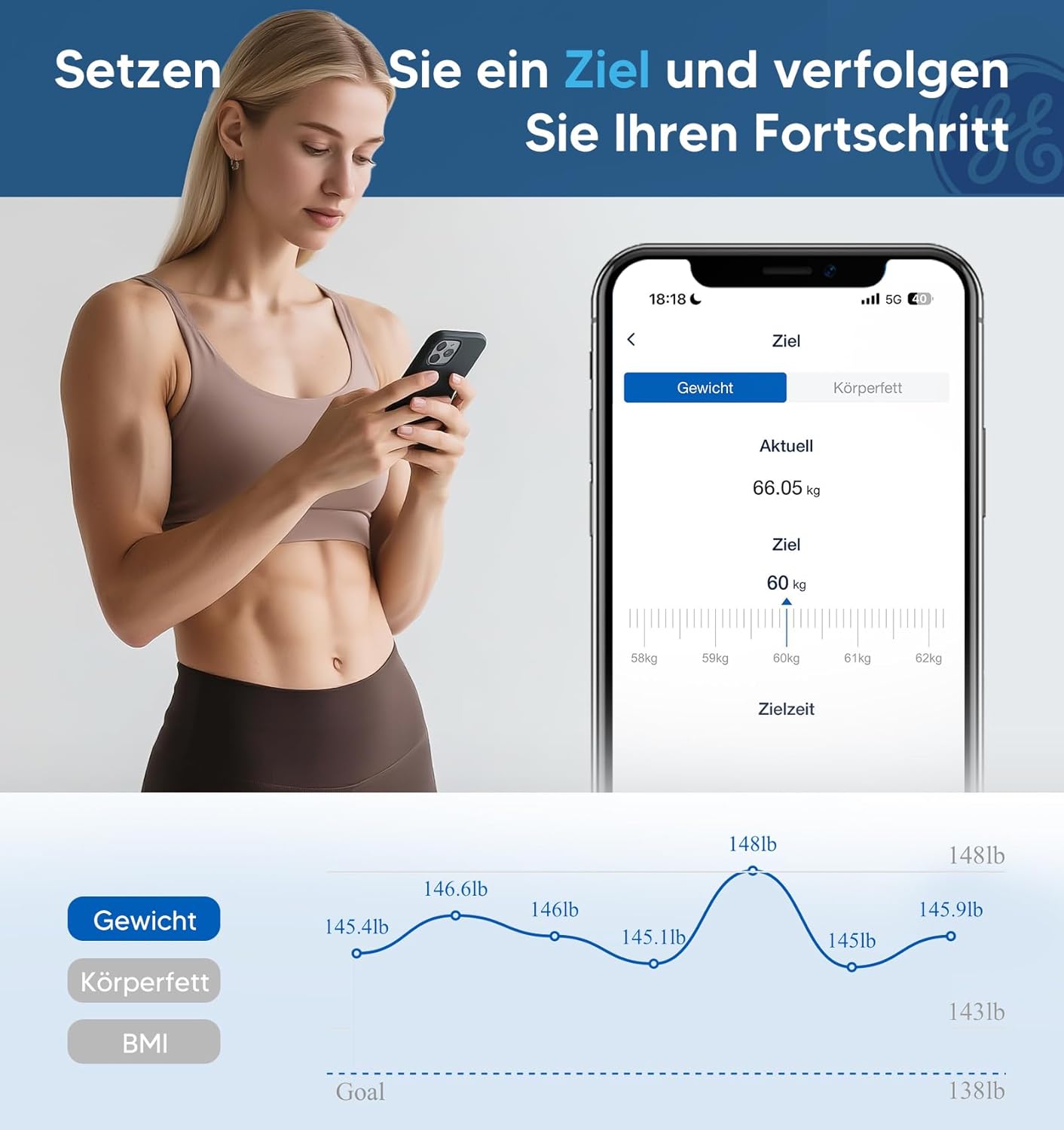 GE Digitale Körperfettwaage mit großem Display, intelligente Waage mit Körperfett und Muskelmasse mit App, 14 Körpermessungen, BMI, Bluetooth-Personenwaage bis 180 kg/400 lb – Bild 5