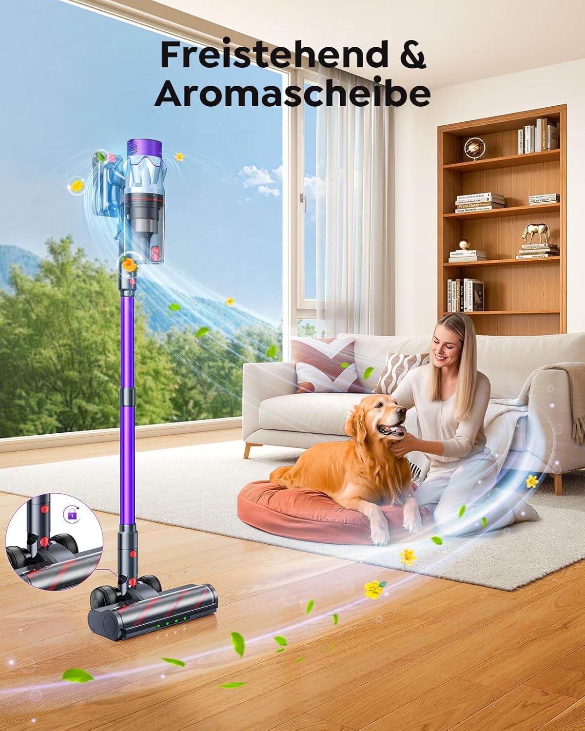 Akku-Staubsauger 600 W/50 kPa/65 Min, kabelloser Staubsauger mit 1 m Schlauch, Aromatherapie, Wandladestation, Staubbehälter-Schaber (1,5 l), Automatikmodus, für Tierhaare, Teppiche – Bild 6
