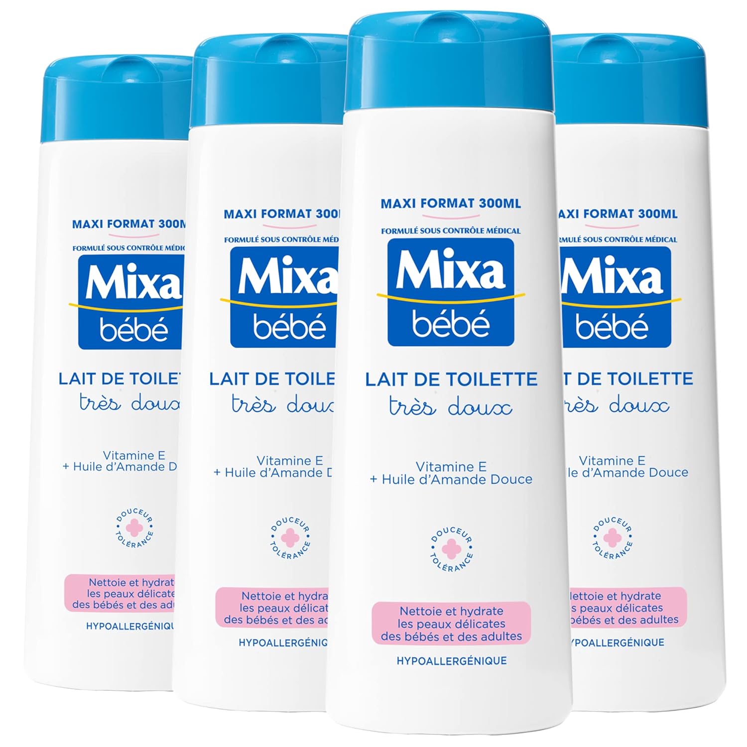 Mixa Bébé – sehr weiche Toilettenmilch – für zarte Haut und Säuglinge – mit Vitamin E + Süßmandelöl – optimale Verträglichkeit – Hypoallergen – Maxi-Format – 4 x 300 ml