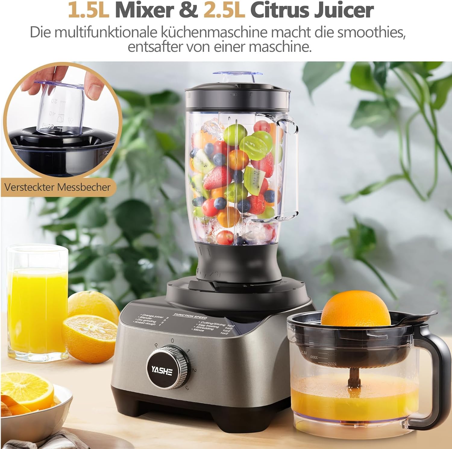 YASHE Multifunktions-Küchenmaschine, 11-in-1-Mixer, Mixer, Zerkleinerer, Entsafter und Teigmaschine mit 2,5-l-Schüssel und 1,5-l-Rührbehälter, 1300 W, 3 Geschwindigkeiten, Pulse-Funktion, Sicherheitsverriegelung – Bild 2