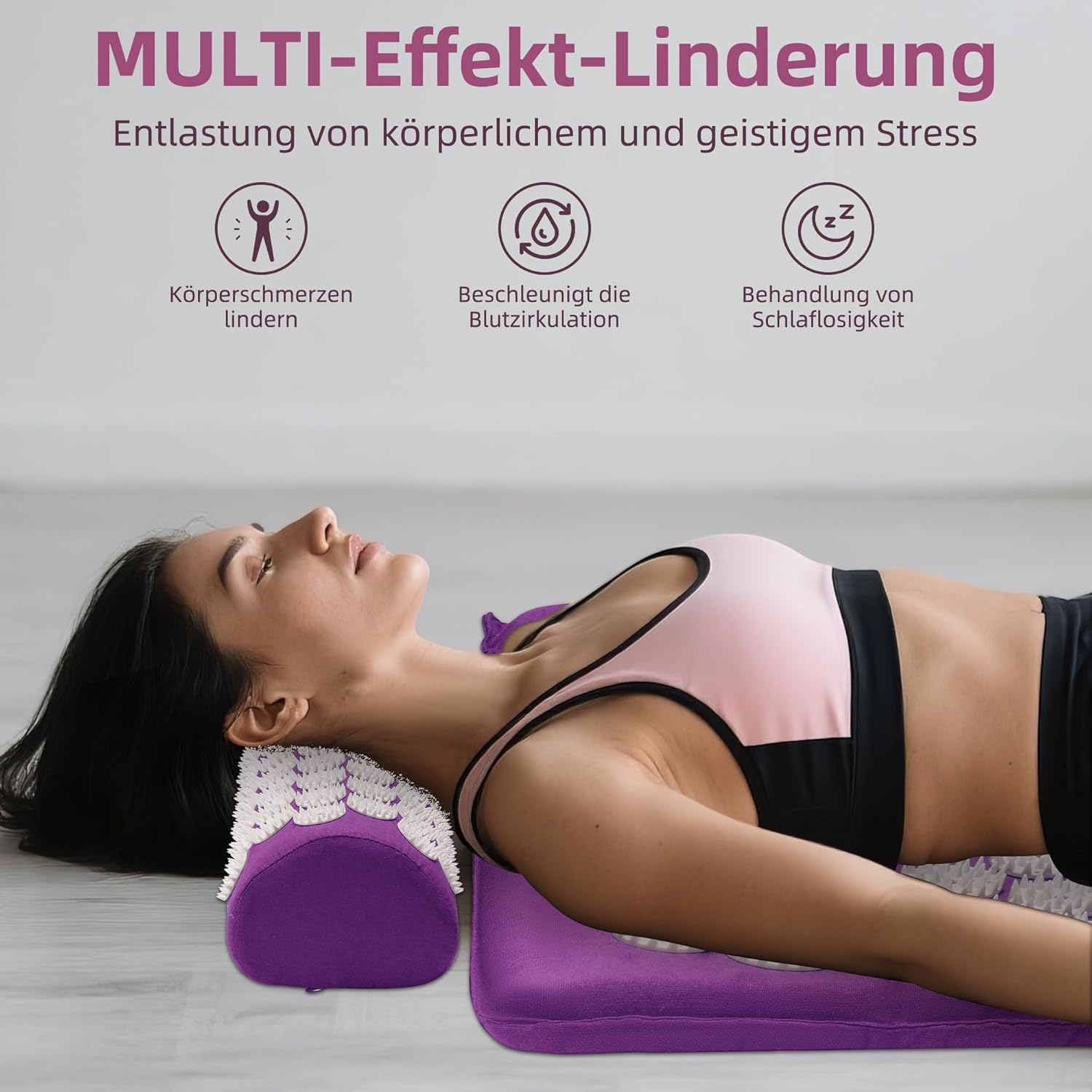 Akupressurmatte, Akupunkturmatte mit Kissen gegen Nacken- und Rückenschmerzen, Akupressurmatte für Magnetfeldtherapie, inklusive Tragetasche und zwei Massagebällen für Damen und Herren, Lila – Bild 2