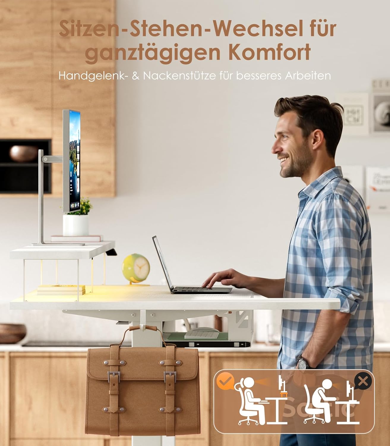 OffiGo U-förmiger höhenverstellbarer Schreibtisch, 140 cm elektrischer Stehsitztisch mit Monitorständer, Steckdosen & USB-Ladeanschluss, Stehpult mit LED, Home-Office-Computertisch, Weiß – Bild 4
