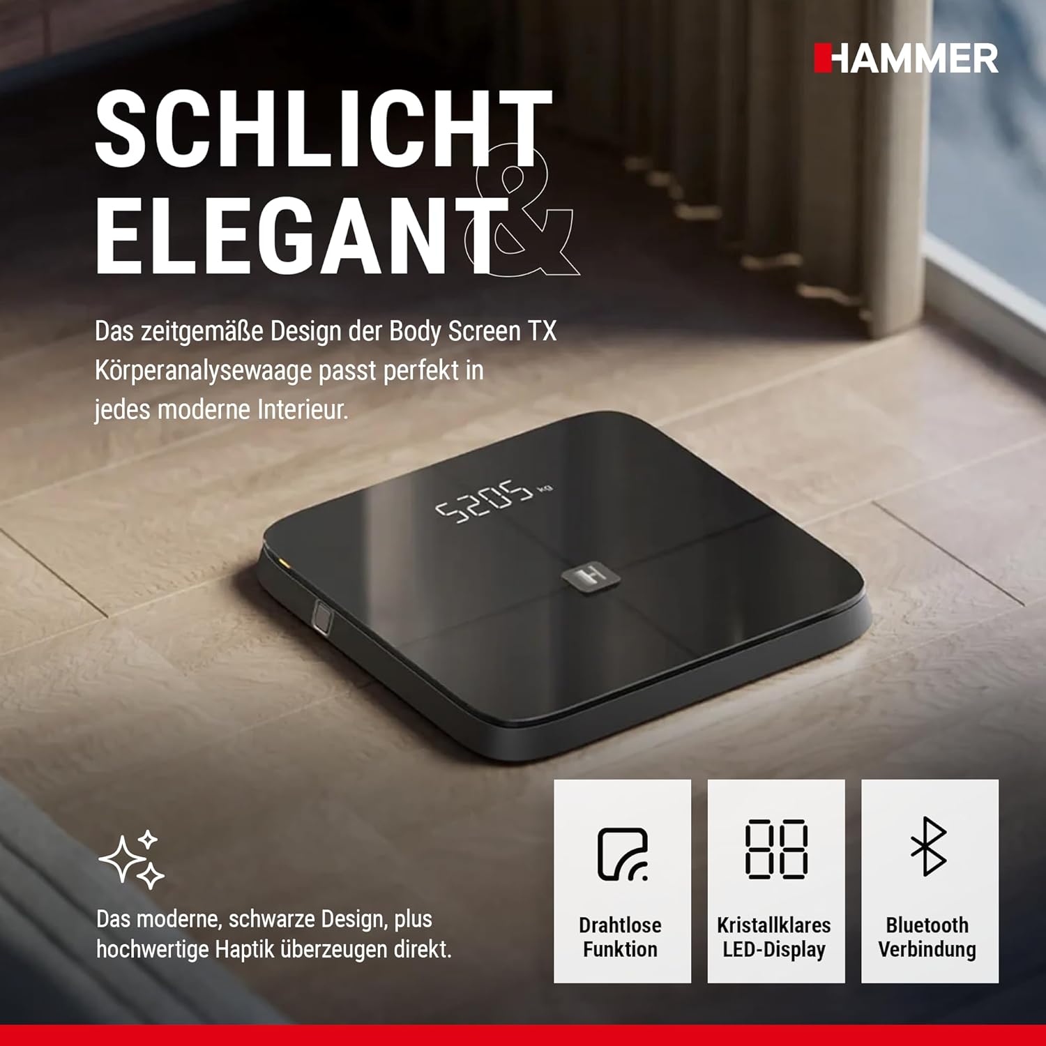 HAMMER Körperanalysewaage Body Screen TX in Schwarz – Körperwaage mit 43 Gesundheitsdaten, Körperfettwaage mit 8 Sensoren, innovative, segmentale Körperanalyse, Waage mit App und Bluetooth – Bild 4