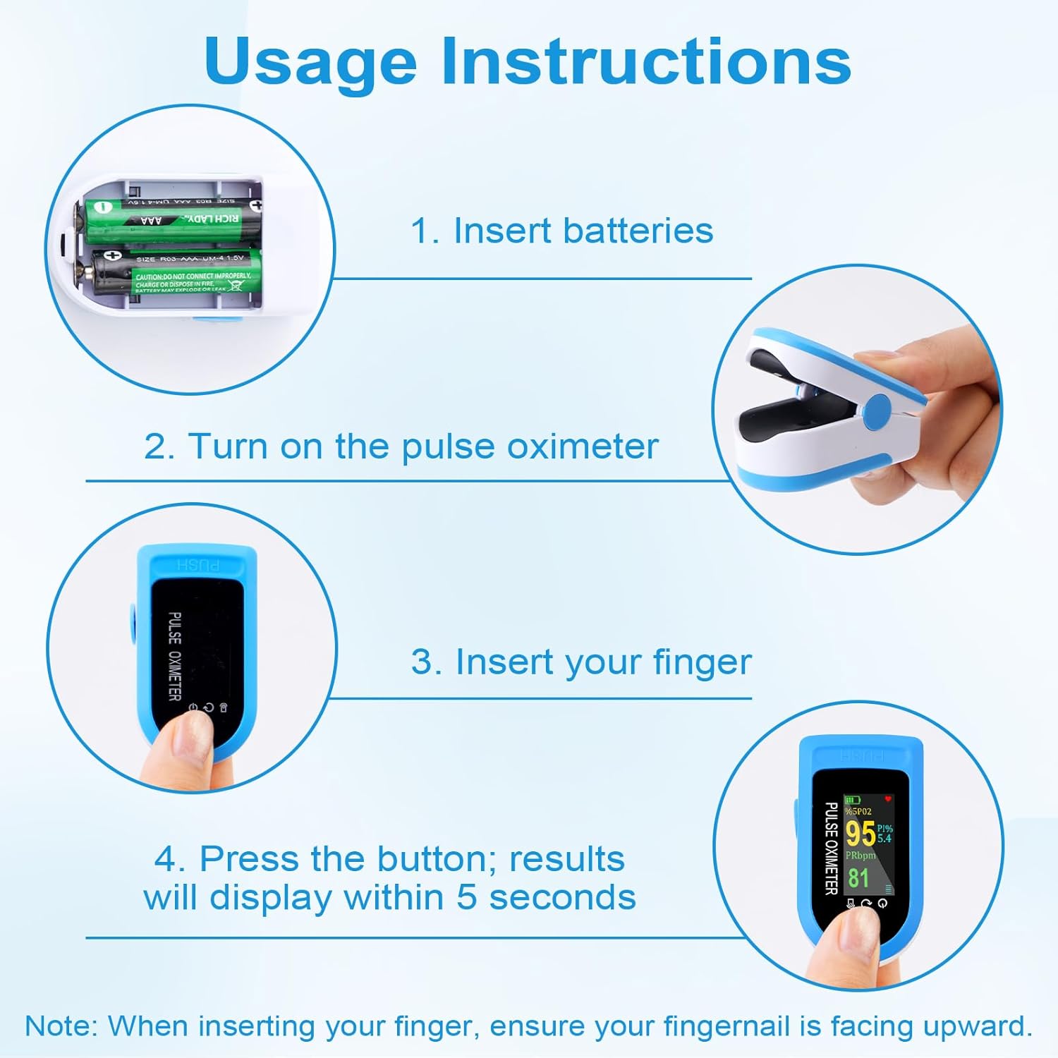 Pulsoximeter, Sauerstoffsättigungsmessgerät. Fingermessung der Sauerstoffsättigung (SpO₂), der Herzfrequenz (Puls) und des Perfusionsindex (PI). Fingeroximeter für Kinder, Erwachsene, Senioren, Familien – Bild 6