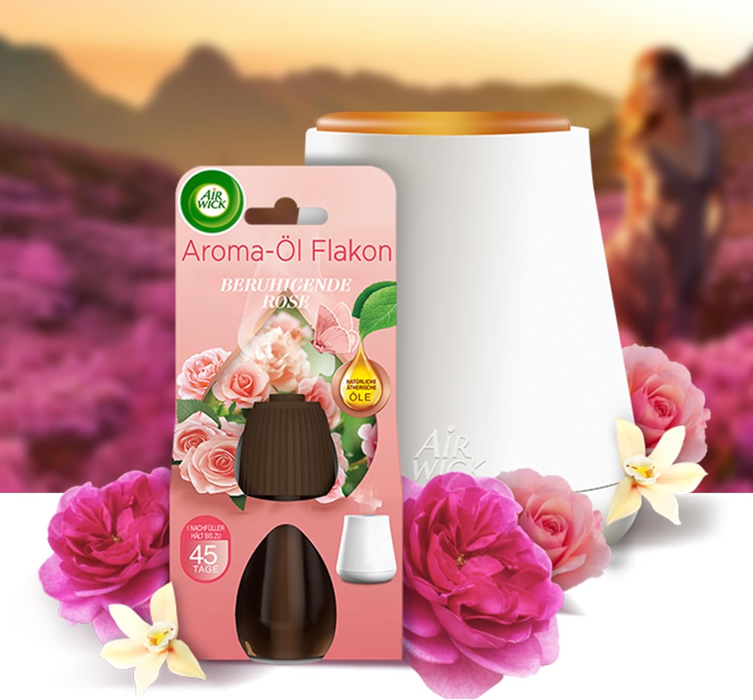Air Wick Aromaöl-Flaschen-Starter-Set – Diffusor mit 2 Nachfüllungen – Aromatherapie – Duft: Beruhigende Rose – Blumiger Raumduft mit ätherischen Ölen – 2 x 20 ml Öl mit Gerät in Weiß – Bild 3