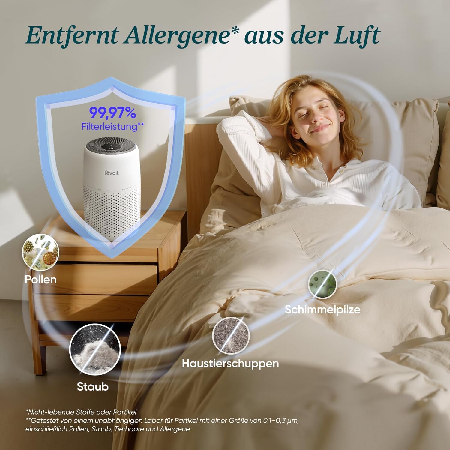 Levoit Luftreiniger für Allergiker mit Aromatherapie, HEPA-Luftfilter gegen Schimmel, Staub und Tierhaare bis 0,3 µm für Schlafzimmer, 7 Watt energiesparend, 3 Geschwindigkeiten, weiß – Bild 3