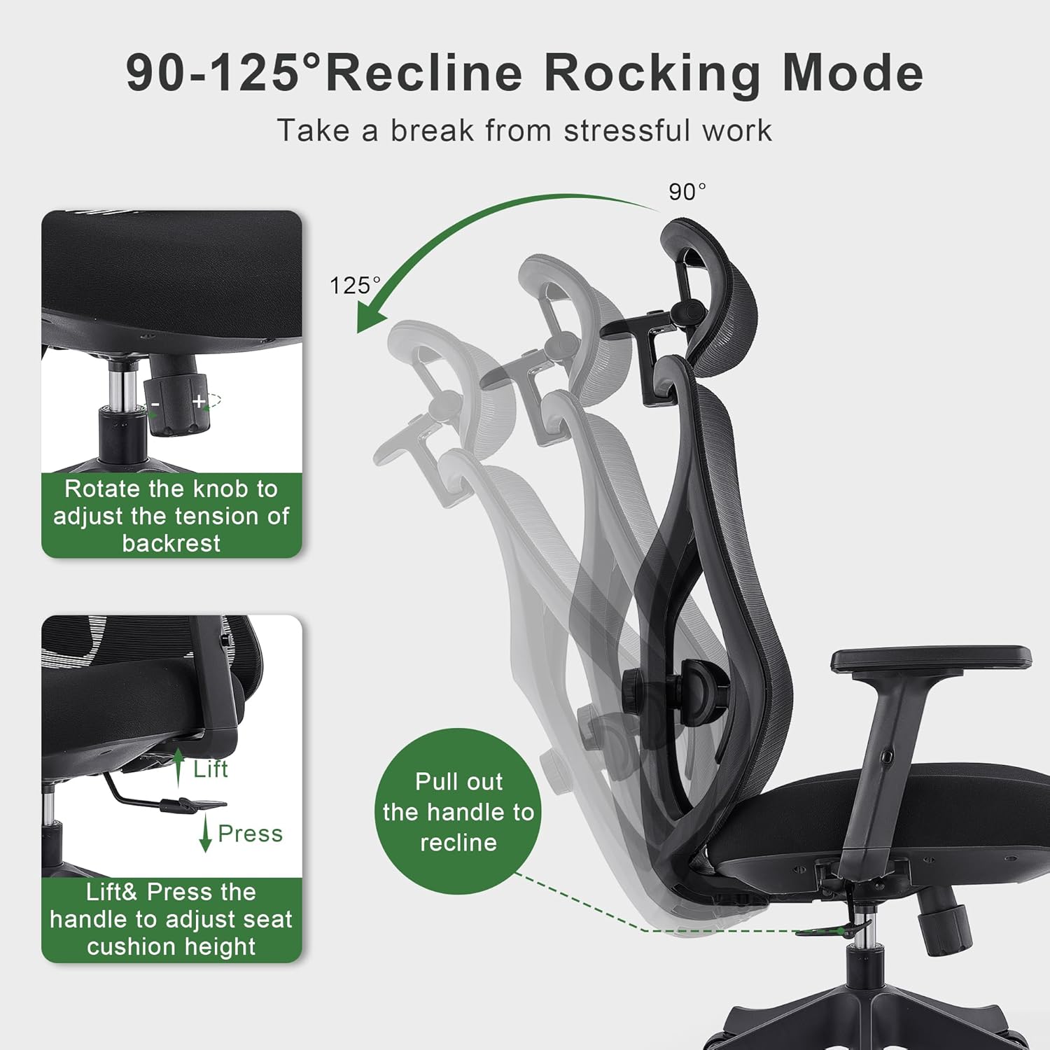 CALIYO G-1635H Ergonomischer Bürostuhl, Schreibtischstuhl mit verstellbarer Kopfstütze, Armlehnen, Lordosenstütze und Wippfunktion – Drehstuhl aus atmungsaktivem Netzstoff, Gaming-Stuhl, Bürostuhl 150 kg, Schwarz – Bild 6