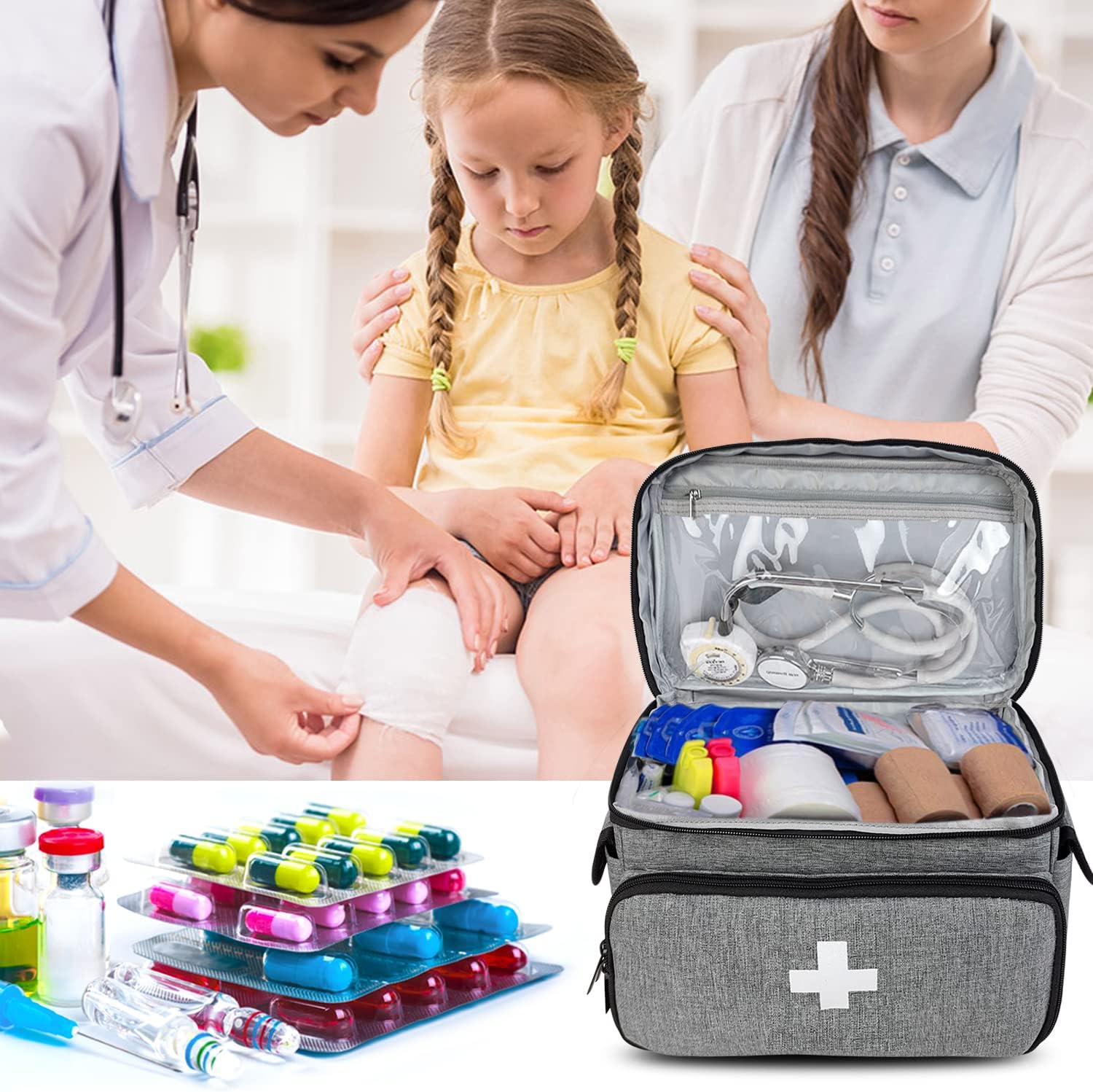 Boczif Erste-Hilfe-Set, Erste-Hilfe-Aufbewahrungstasche, Pillenbox-Organizer für Notfall-Trauma-Medizin-Sets, wasserdicht, ideal für Zuhause, Büro, Auto, Reisen, Outdoor, Camping, (grau) – Bild 6