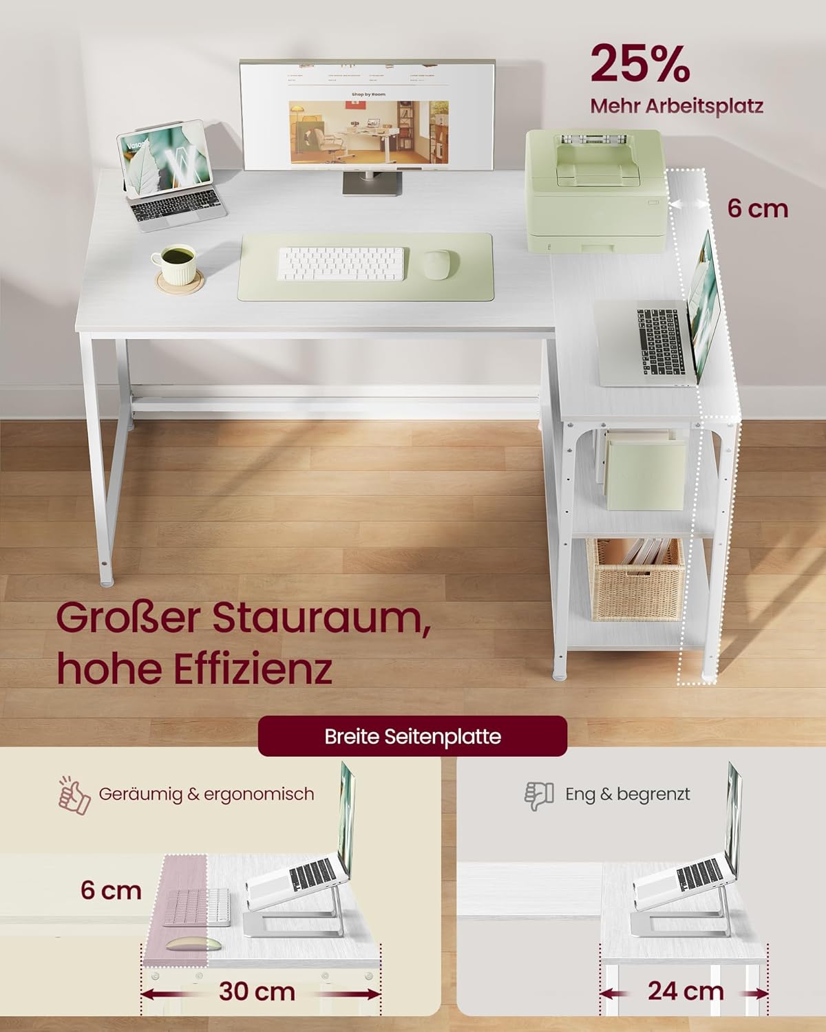 VASAGLE LWD136WF01 Eckschreibtisch, L-förmiger Computertisch mit Stauraum, Büroschreibtisch, höhenverstellbare Ablage für Heimbüro, 120 x 80 cm, Ahornweiß – Bild 4