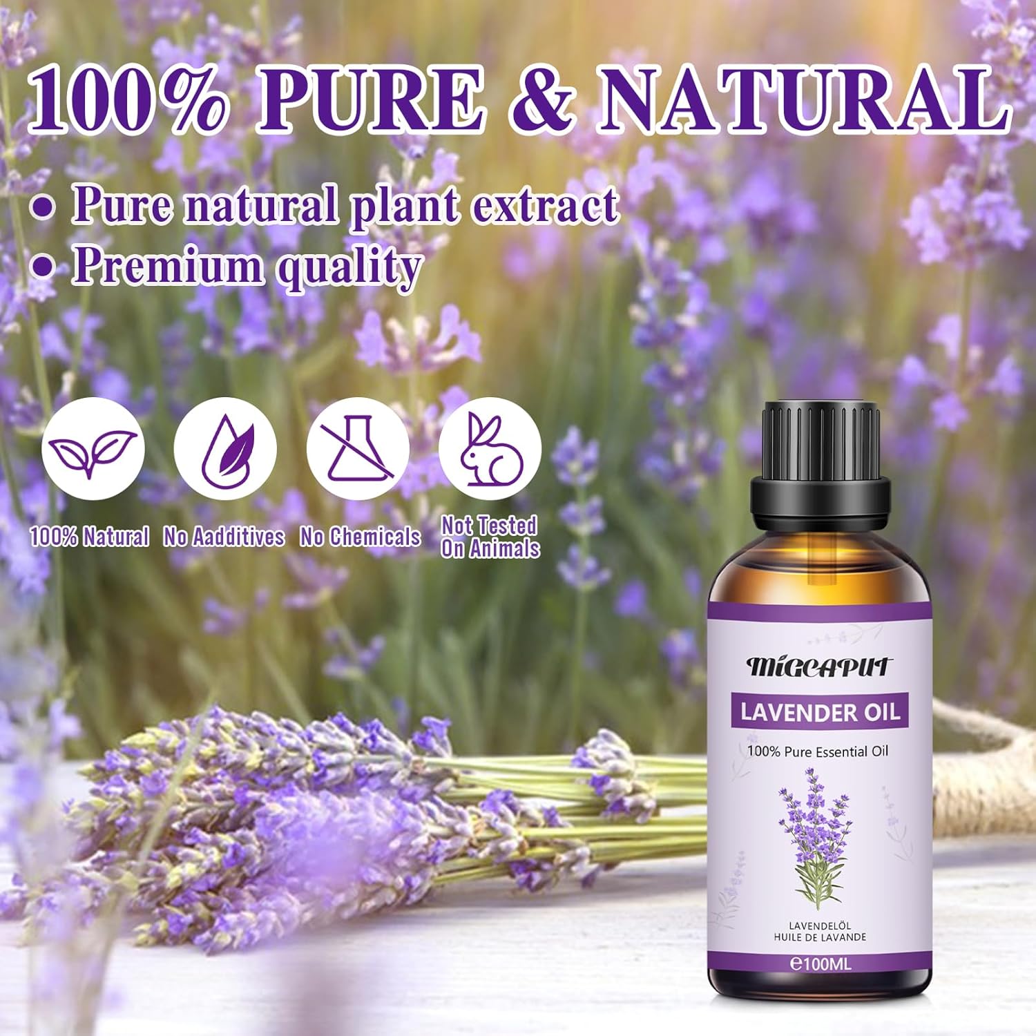 Migcaput Essential Oils Lavendelöl 100 ml, 100 % natürliche ätherische Öle, hochwertiges ätherisches Aromatherapieöl, Duftöle für Diffusor, Luftbefeuchter, Entspannung, Massage, Bad – Bild 2