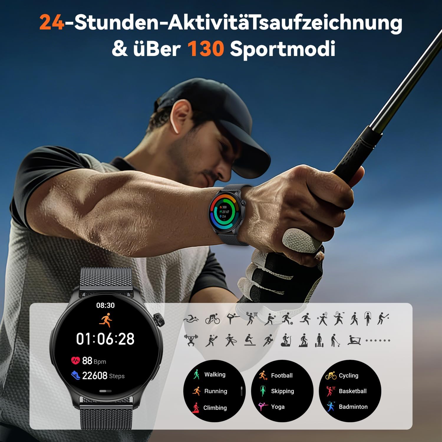 Smartwatch Herren Damen Fitnessuhr mit Telefonfunktion: Bluetooth Anrufuhr Wasserdicht Fitness Tracker Smartwatch mit Herzfrequenz Schlafmonitor Schrittzähler Sportuhr Uhren Android iOS – Bild 5