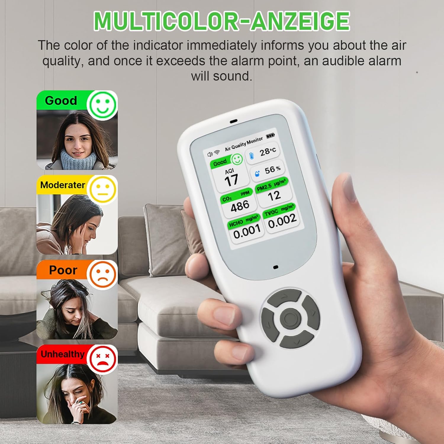 10-in-1-Luftqualitätsmessgerät-Detektor, NDIR-WLAN-Luftqualitätsmonitor mit AQI/CO2/PM1,0/PM2,5/PM10/HCHO/TVOC, Temperatur und Luftfeuchtigkeit, tragbarer Formaldehyd-Detektor mit Smart App für das Home Office – Bild 5