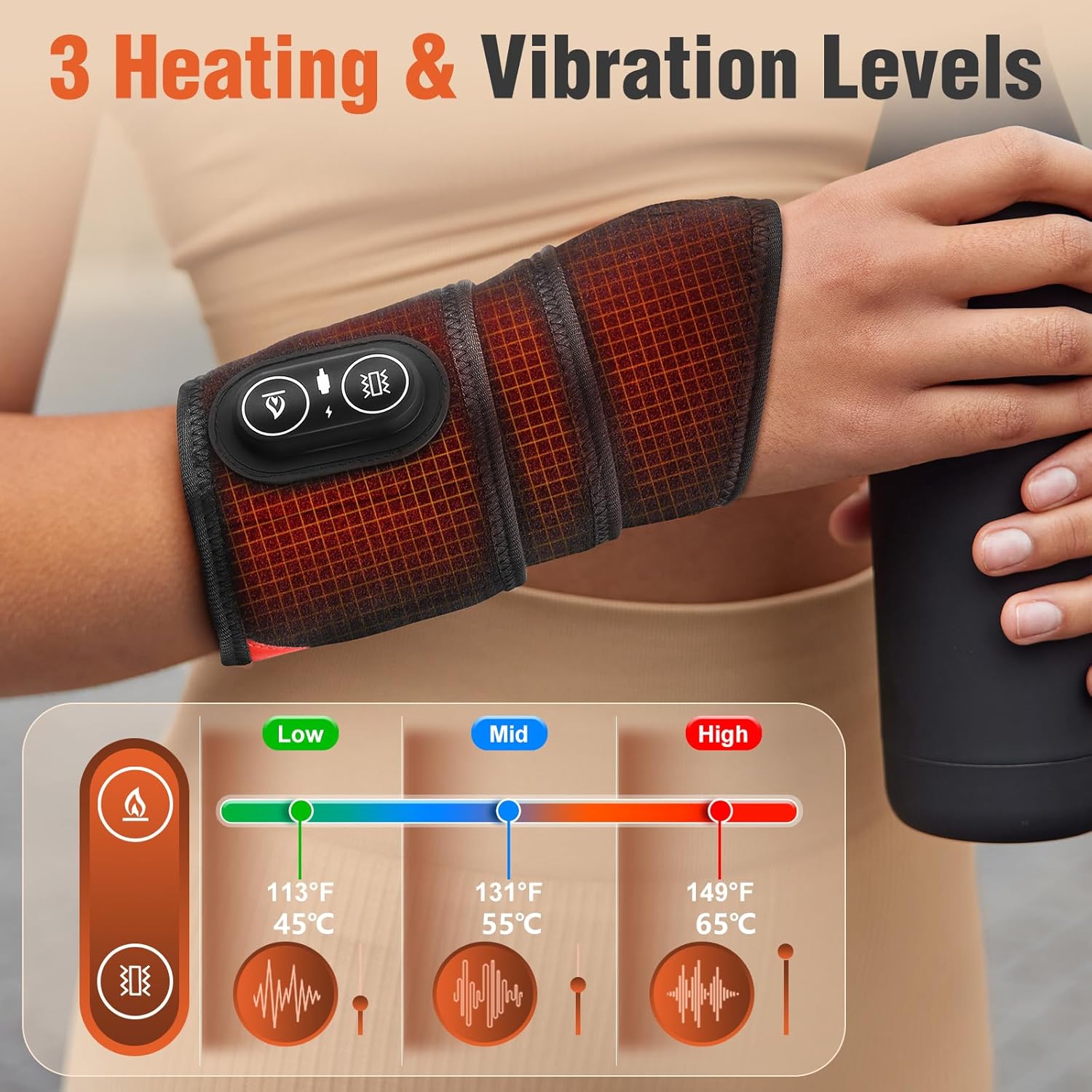 Handmassagegerät-Heizkissen – Rotes Licht, kabelloses Handmassagegerät mit 3 Wärmeeinstellungen und 3 Vibrationen, Handmassagegerät mit 3000-mAh-Akku, elektrisches Handmassagegerät, Geschenk für Vater, Mutter – Schwarz – Bild 2