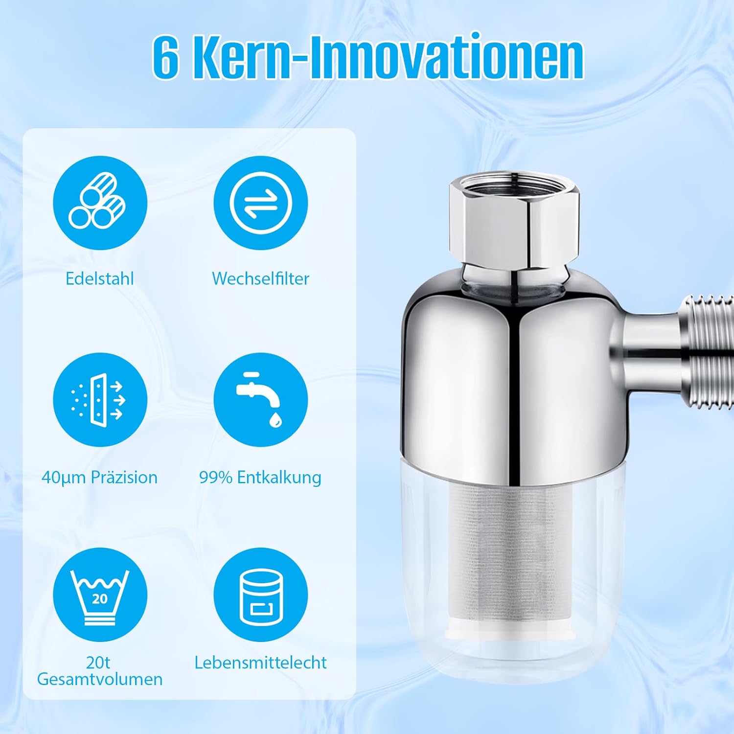 2 Stück Wasserfilter Duschwassersystem Vorfilter – Wiederverwendbarer Kalkfilter und Duschfilter mit 40 μm Edelstahl-Filterelement für Wasserhahn, Duschfilter, Warmwasserbereiter, Waschmaschine, Toilette – Bild 3