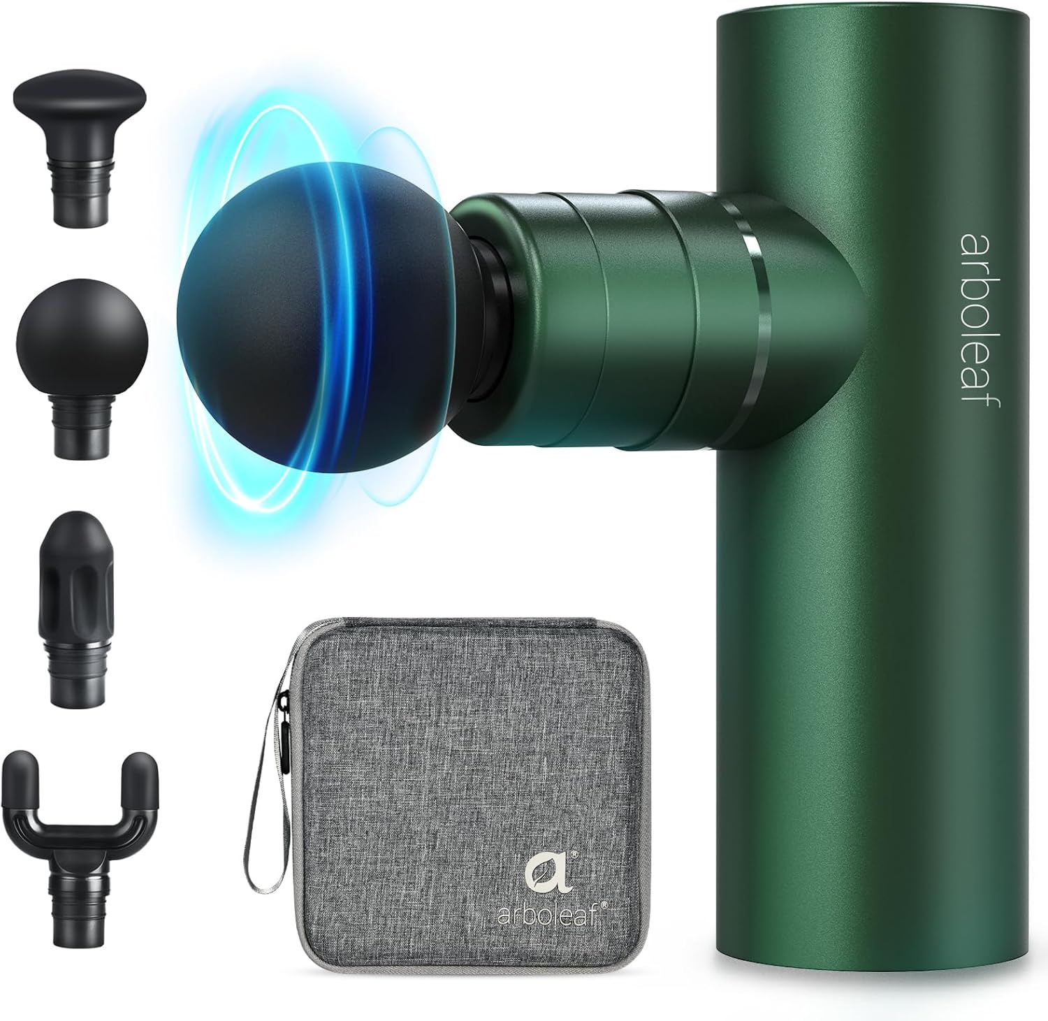arboleaf Mini-Massagepistole, Massagepistole bis 3200 U/min, handliche Massagepistole 0,47 kg mit druckadaptiver Stufe und 4 Silikon-Massageköpfen, leise Muskelpistole mit Tasche, Muskelpistole USB-C (grün)