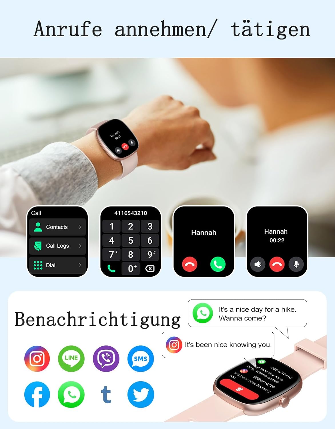 Damen Smartwatch mit Telefonfunktion, 1,85 Zoll Smartwatch mit SpO2/Herzfrequenz/Schlafmonitor/Schrittzähler 100+ Sportmodi, IP68 wasserdichte Fitnessuhr Whatsapp Notify für Android iOS Handy – Bild 2