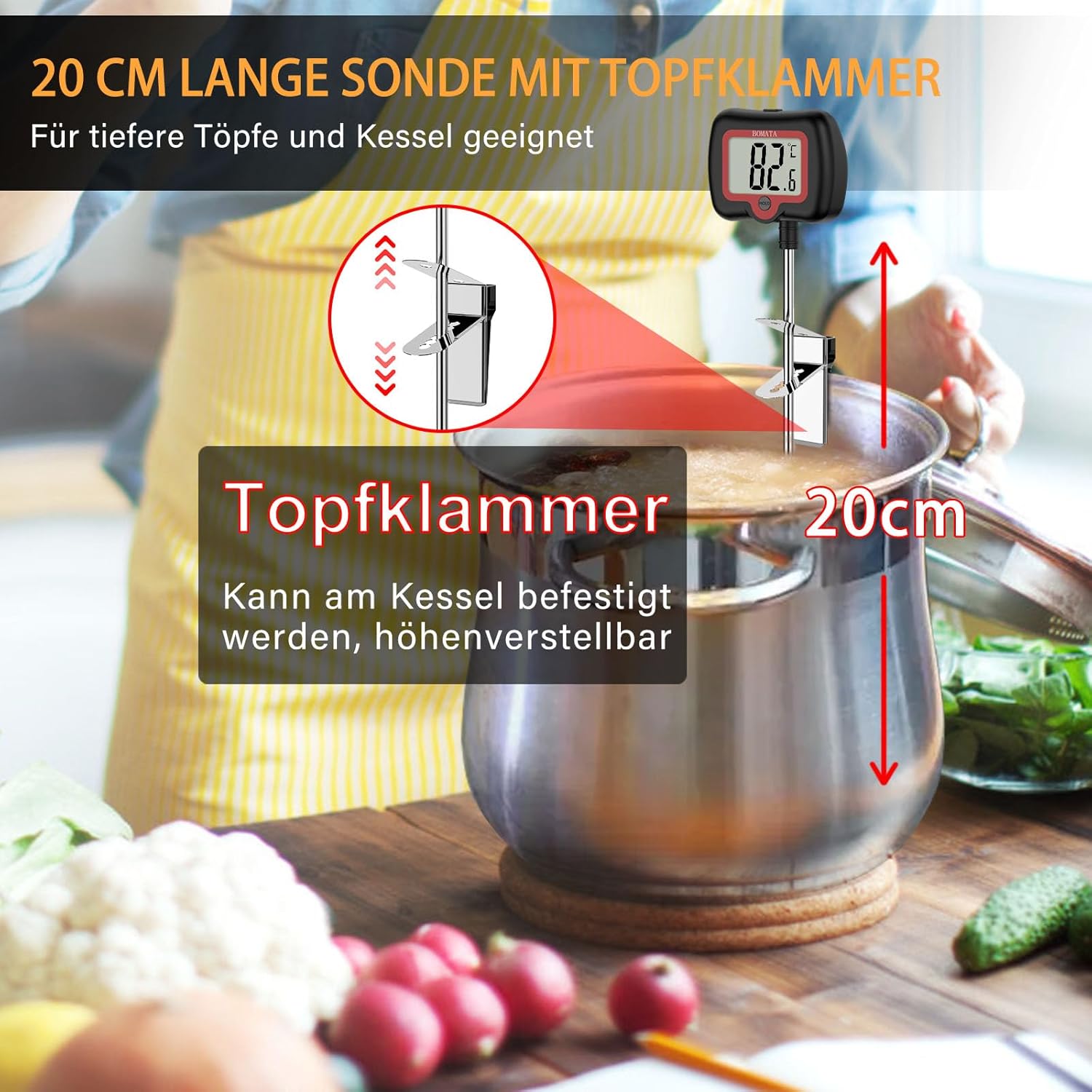 BOMATA 20 cm langes Sondenthermometer mit Topfklammer, drehbarem Display und hochpräziser Sofortablesung, geeignet für Kerzen, Flüssigkeiten, Kochen, Grillen usw. Schwarz – Bild 2