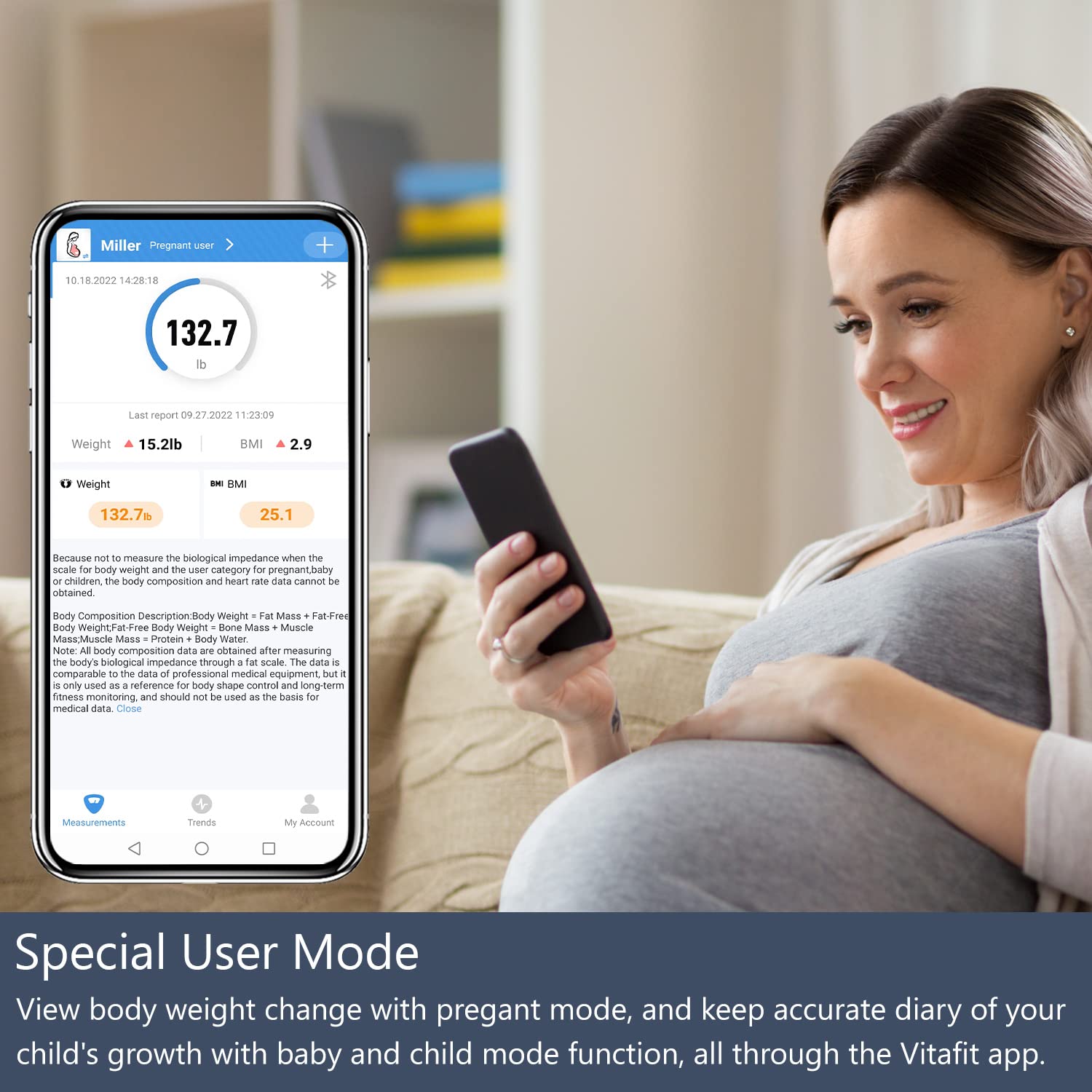 Vitafit Digitale Personenwaage mit Gewicht und BMI, Smarte Körperwaage mit App über Bluetooth, rutschfeste Plattform, Schwarz – Bild 5
