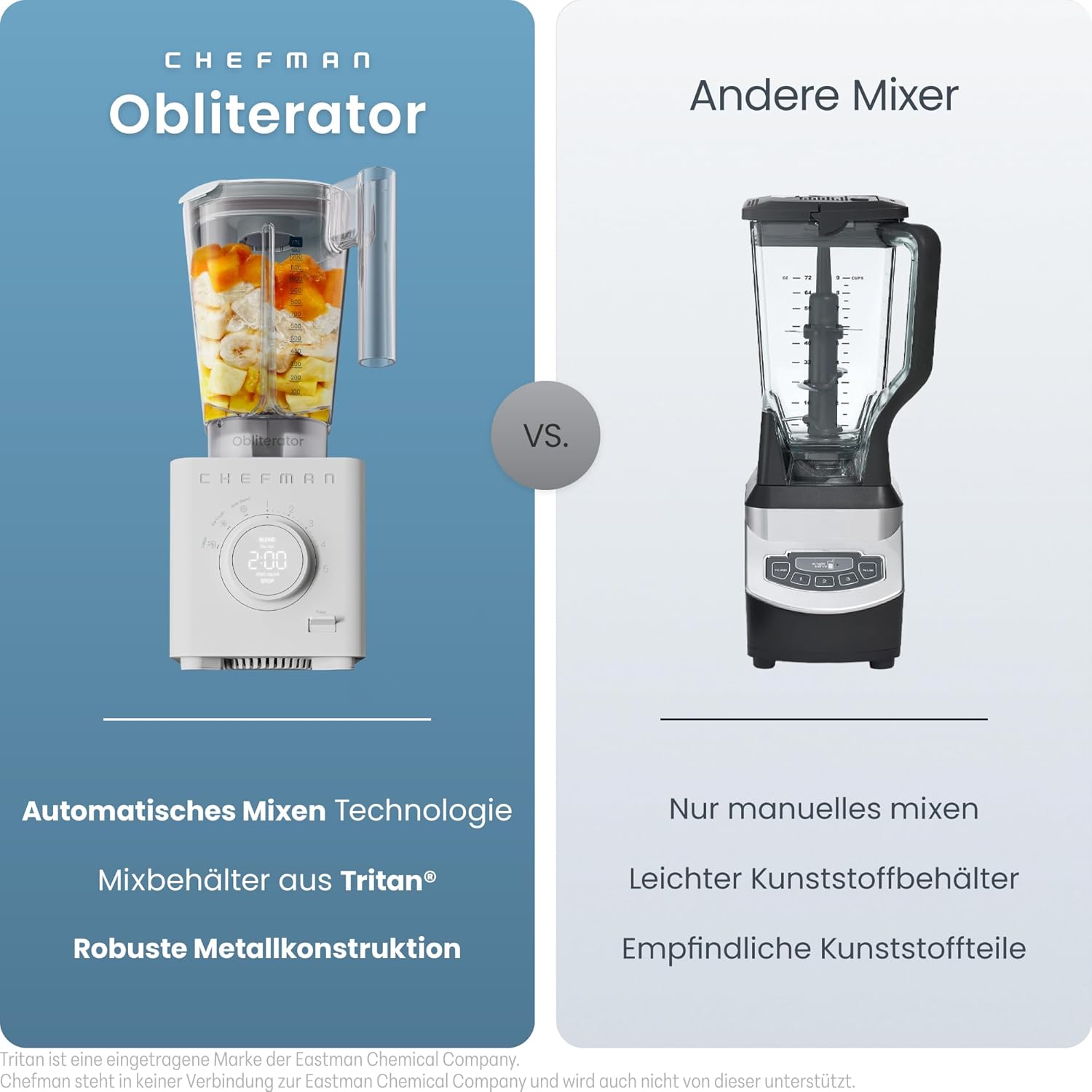 Chefman Obliterator 1,2-l-Mixer für Smoothies, 1350-W-Motor zum Zerkleinern von Eis, Nüssen und gefrorenen Früchten mit Edelstahlklinge, automatische Mischfunktion, inklusive 600-ml-Reisebehälter – Betongrau – Bild 2