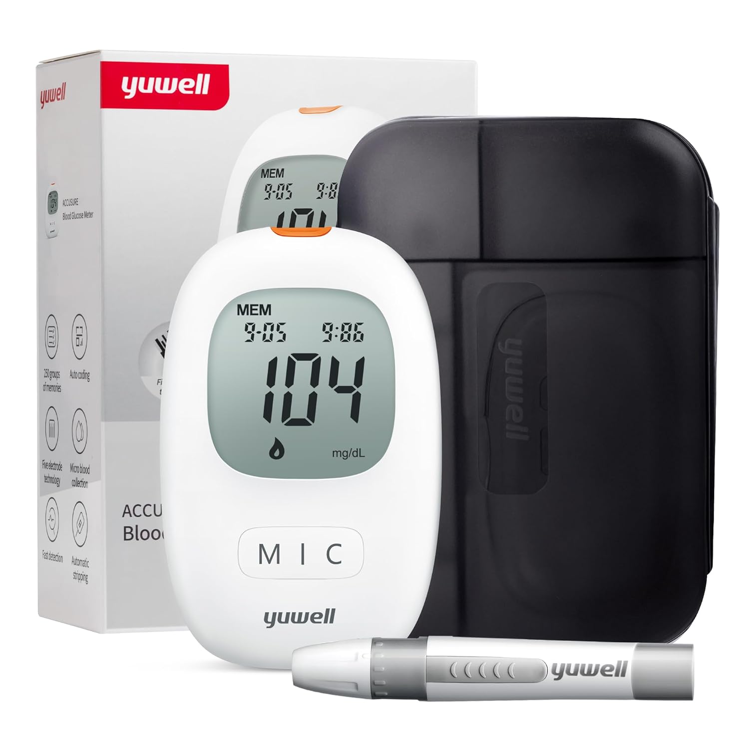 yuwell Blutzuckermessgerät-Set mit 10 Teststreifen und 10 Lanzetten, inklusive Batterien (Modell 710)