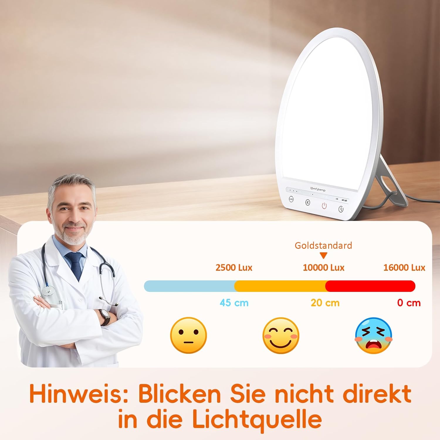 Comfytemp Tageslichtlampe für Schreibtisch, 16.000 Lux, Sonnenlichtlampe, UV-freie Lichttherapie, 19 x 24 cm, Simulation von Tageslicht zur Verbesserung der Schlafstimmung, Konzentration mit Memory-Funktion – Bild 4