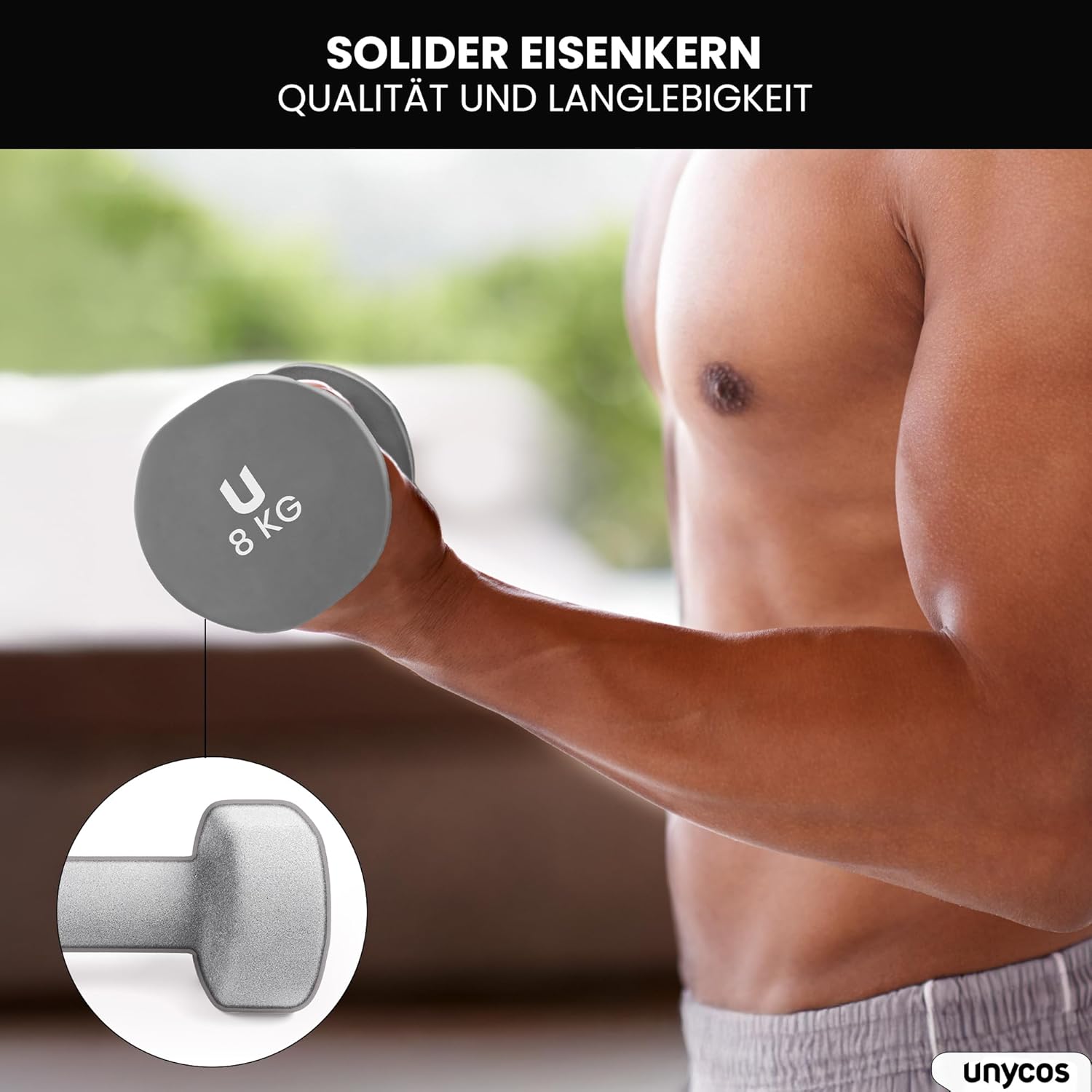unycos - Neopren-Hanteln 【2er-Set, 1-10 kg】Hanteln, rutschfest für Damen und Herren, Anti-Roll-Design, Fitnessstudio, Krafttraining, Pilates, Gymnastik, Fitnessgeräte für Zuhause – Bild 3
