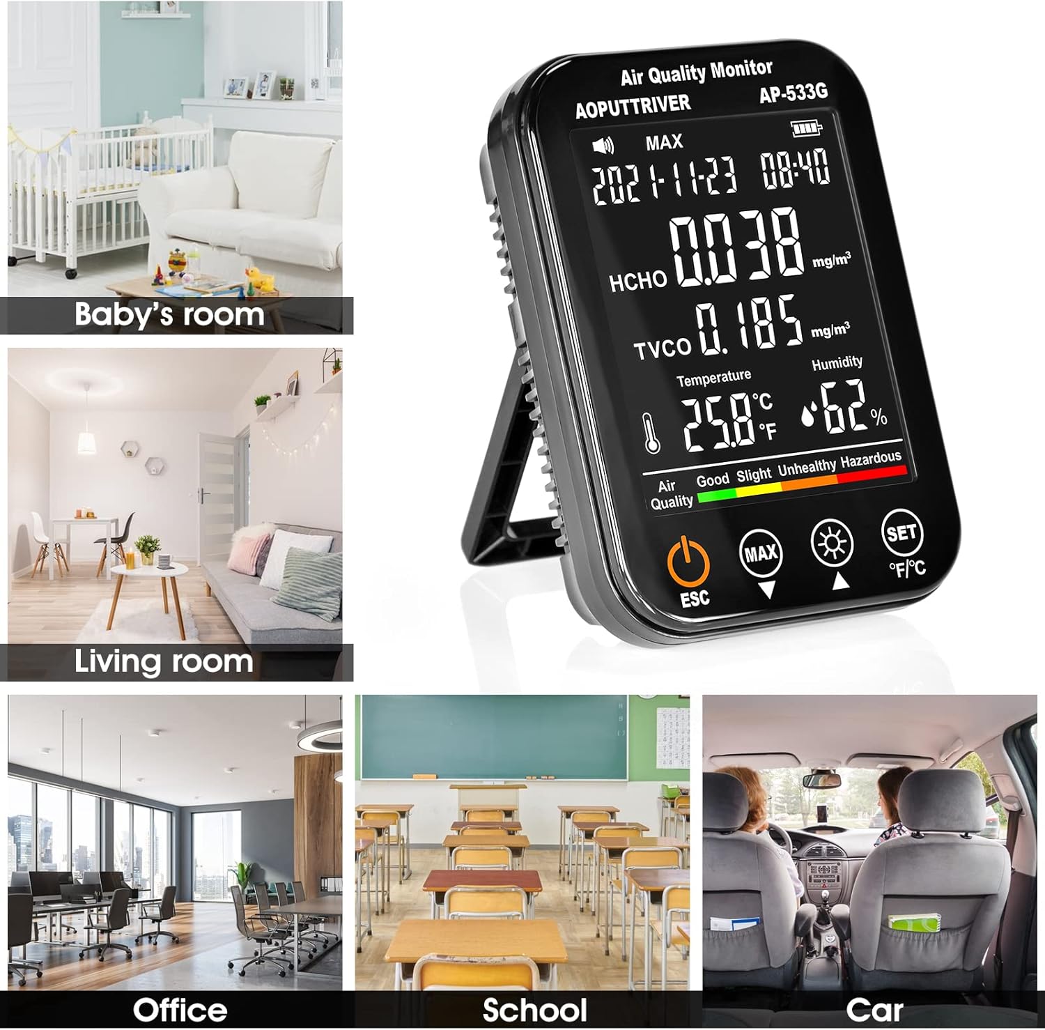 Formaldehyd-Detektor, Lufttests, genauer Test für Formaldehyd (HCHO)/TVOC, Professional 4-i-1 für Inomhusbruk Med Formaldehyd, TVOC, Temperatur (°F/°C), Überprüfung für Hemmakontor UK-AP-533G – Bild 7