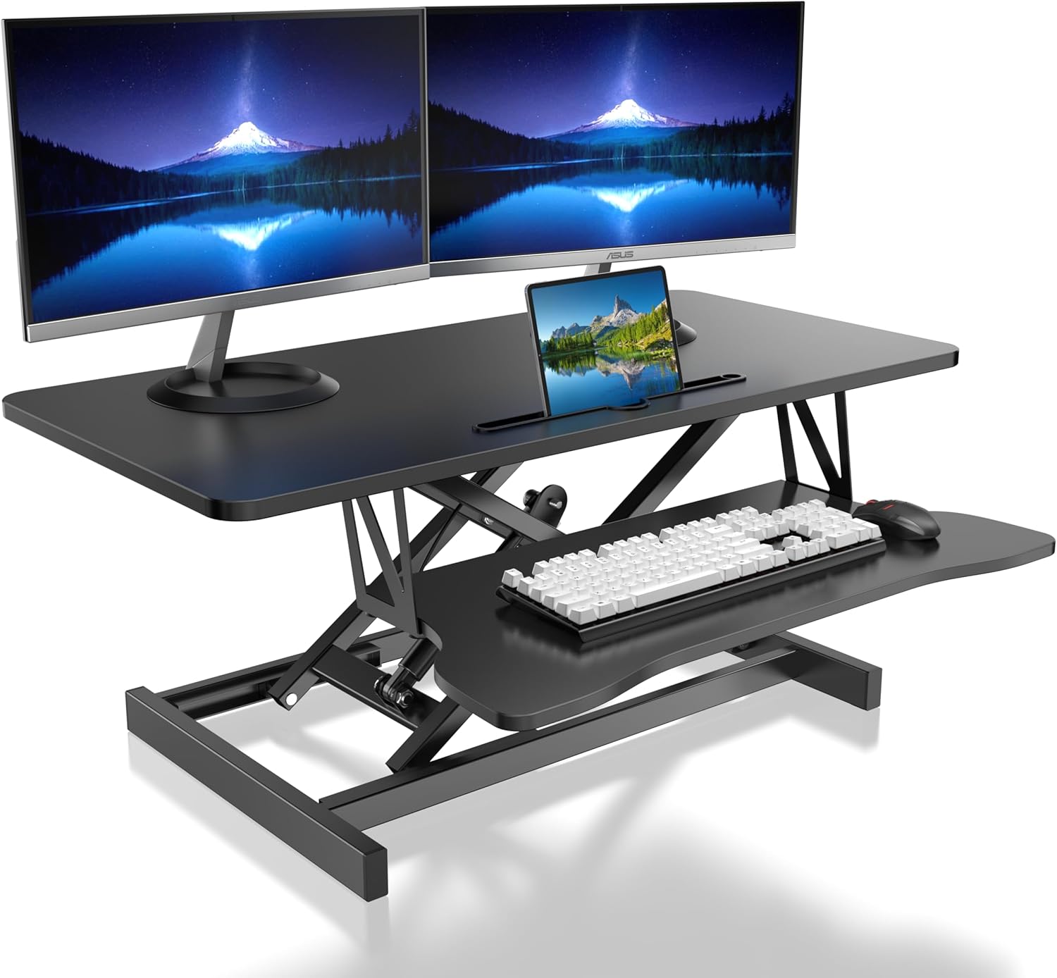 Steh-Sitz-Schreibtisch, Stehpult, ergonomisch höhenverstellbar, Arbeitsplatz für zwei Monitore und Laptops mit großer Tastaturablage, Steh-Sitz-Aufsatz für Büro (90 cm)