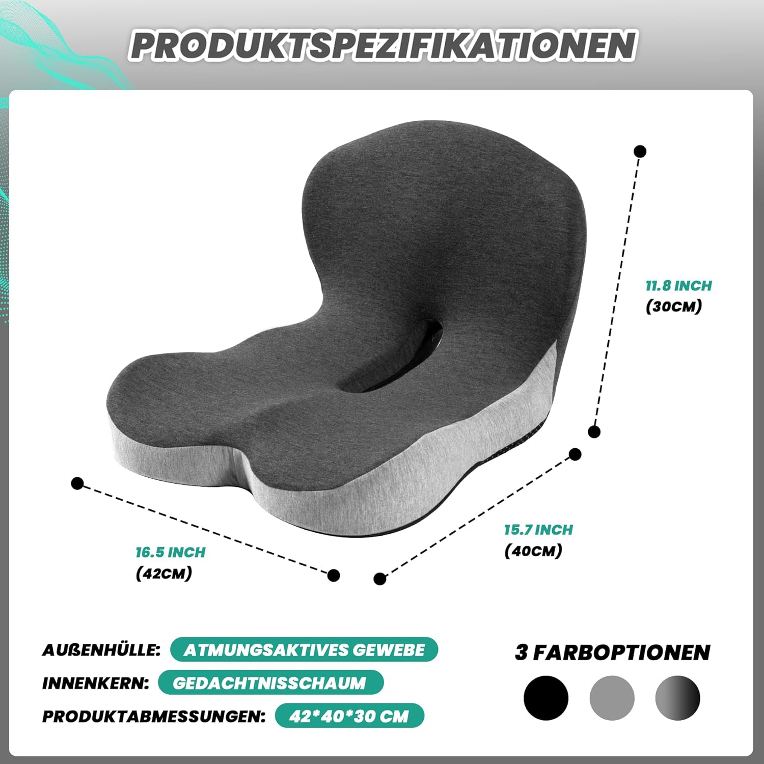 Urban Deco Orthopädisches Sitzkissen mit Rückenlehne, ergonomisches Memory-Schaum-Rückenstützkissen, Stuhlkissen für Bürostuhl, Autositz, Rollstuhl, Büro, Auto, Schwarz & Grau, 1 Stück – Bild 2