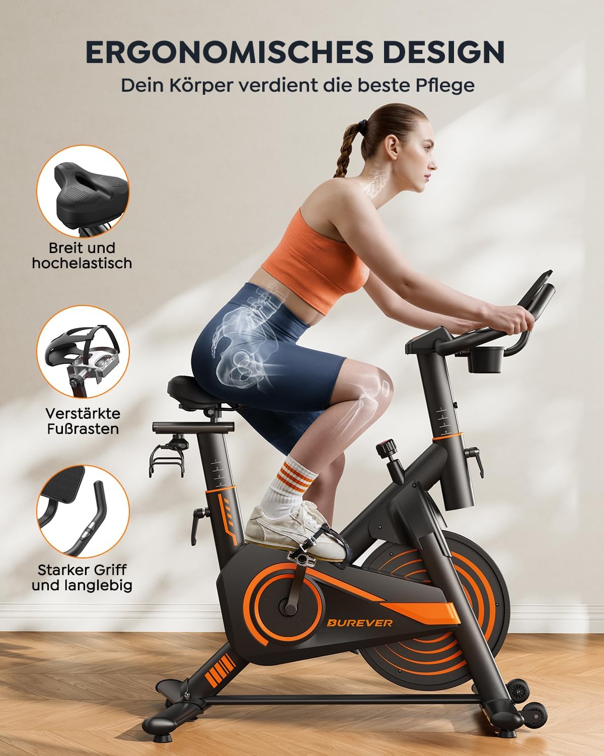 Hometrainer Fahrrad mit App, Ultraleise Heimtrainer Fahrrad, Ergonomisches Design, LCD Display mit Pulsmessung, Magnetischer Widerstand, 15KG Schwungrad, Bis 160KG – Bild 3