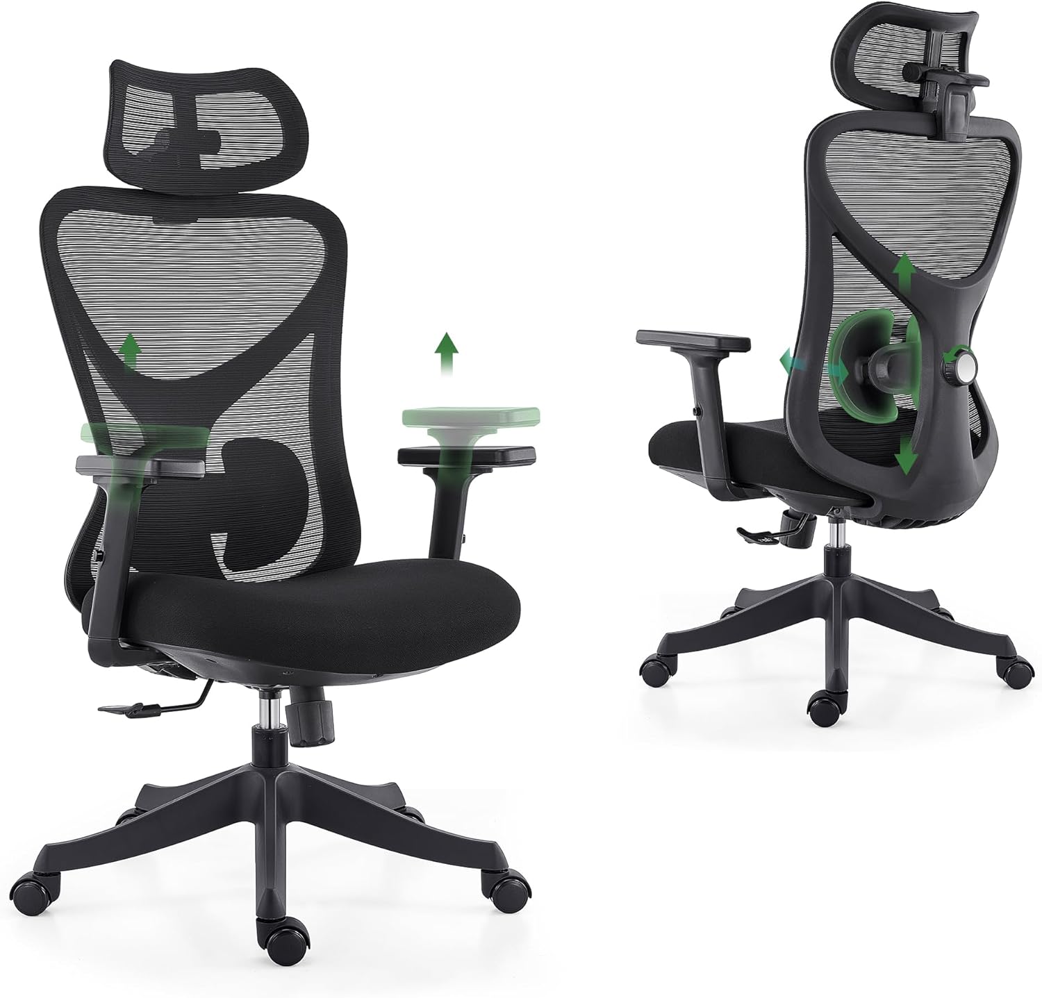 CALIYO G-1635H Ergonomischer Bürostuhl, Schreibtischstuhl mit verstellbarer Kopfstütze, Armlehnen, Lordosenstütze und Wippfunktion – Drehstuhl aus atmungsaktivem Netzstoff, Gaming-Stuhl, Bürostuhl 150 kg, Schwarz