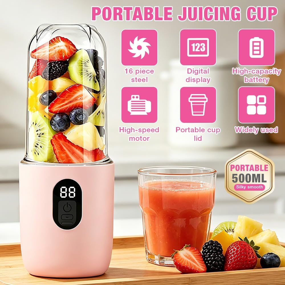 Tragbarer Mixer, 500 ml Smoothie Maker to Go, 16-Blatt Mini Standmixer, 1200 Mah, tragbarer Mixer mit Digitalanzeige Mini Smoothie Mixer für Babynahrung Saft Marmelade Shake Smoothie, Rosa – Bild 2