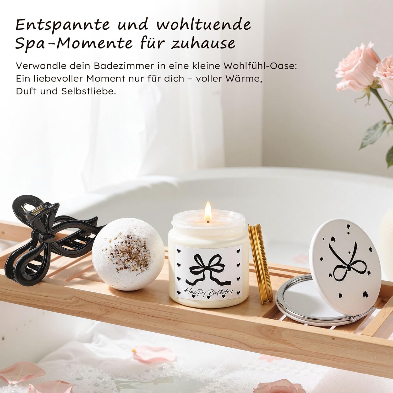 Giftota Elegantes Geburtstagsgeschenk für Frauen – Geschenkbox mit schwarzen Schleifen als exklusives Wellness-Geschenkset mit Duftkerze, Badebombe und stilvollen Beauty-Accessoires – Bild 4
