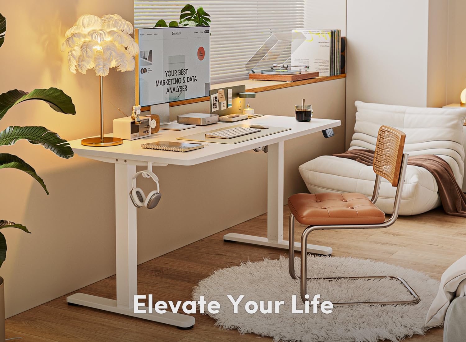 FEZIBO Höhenverstellbarer elektrischer Schreibtisch, 120 x 60 cm, Computer-Stehtisch mit Memory-Steuerung und Antikollisionstechnologie, mobiler Stehsitz-Schreibtisch, ergonomische weiße Oberfläche – Bild 3