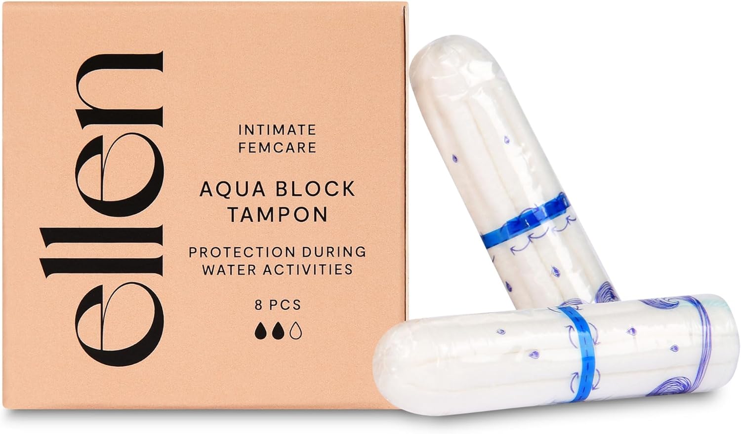 ellen Aqua Block Tampon – Bade- und Schwimmtampons mit wasserdichter Barriere – schützt den Bauch vor Wasser – für den periodischen Gebrauch – normal – 8 Stück