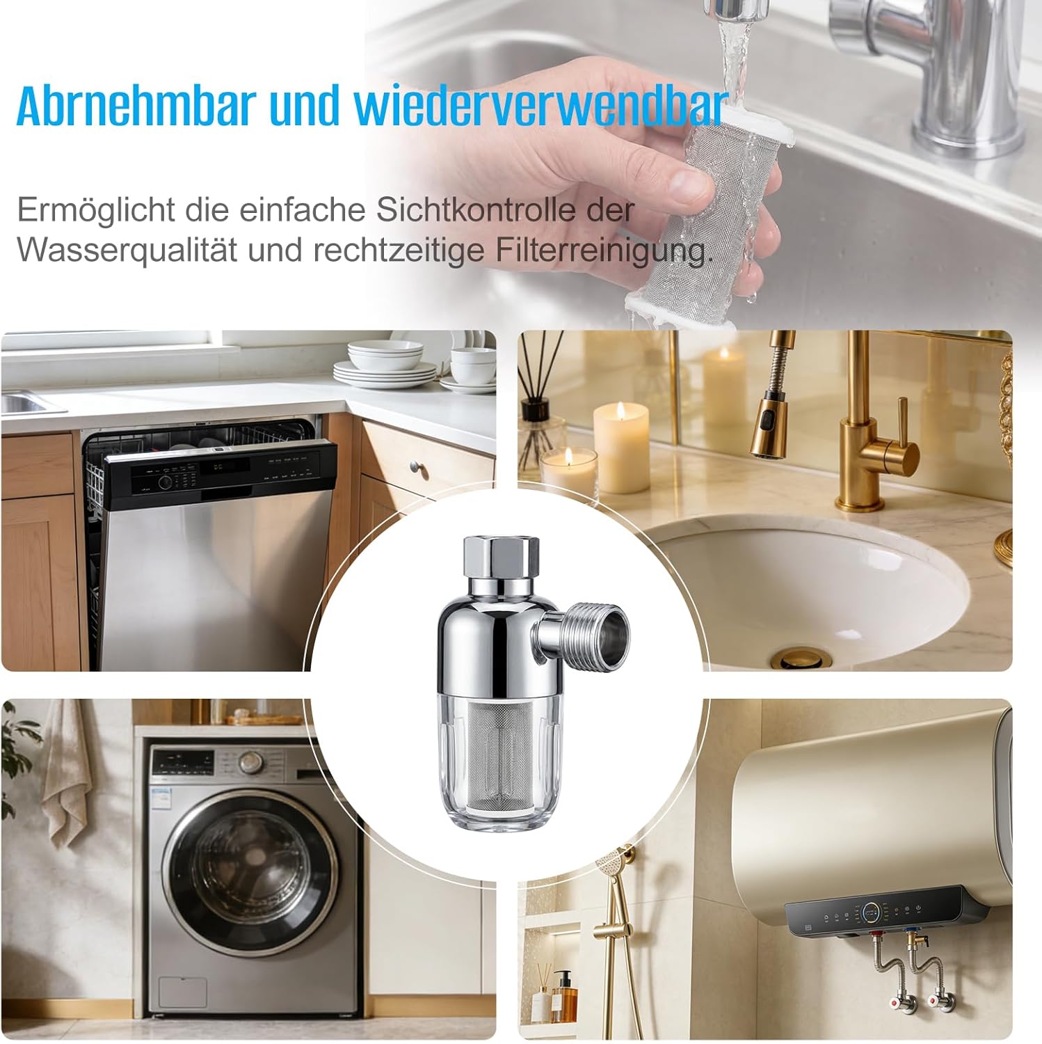2 Stück Wasserfilter Duschwassersystem Vorfilter – Wiederverwendbarer Kalkfilter und Duschfilter mit 40 μm Edelstahl-Filterelement für Wasserhahn, Duschfilter, Warmwasserbereiter, Waschmaschine, Toilette – Bild 7