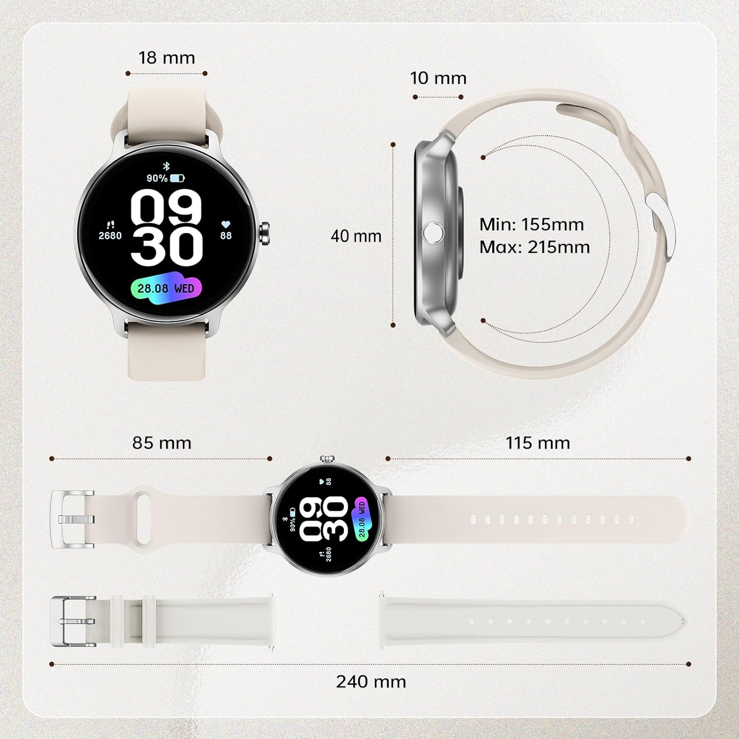 Smartwatch Damen Herren rund 1,27 Zoll AMOLED Smartwatch mit Telefonfunktion, Fitnessuhr mit Herzfrequenzmesser SpO2 Schlafmonitor Schrittzähler 120+ Sportmodi Sportuhr IP68 Wasserdicht für iOS Android Beige – Bild 9