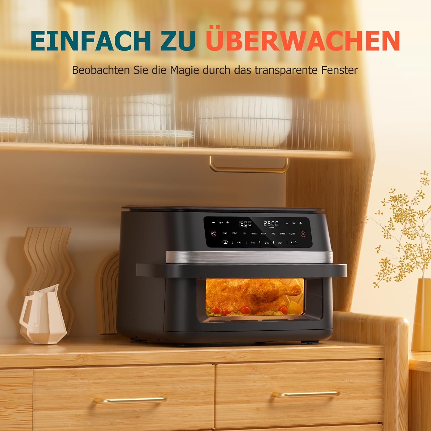 Heißluftfritteuse mit Sichtfenster, 12 l Fassungsvermögen, XXXL verstellbarer Airfryer, 10-in-1 voreingestellte Programme, Touchscreen, intelligente Synchronisation und Timer, energiesparend, Fritteuse ohne Öl – Bild 6