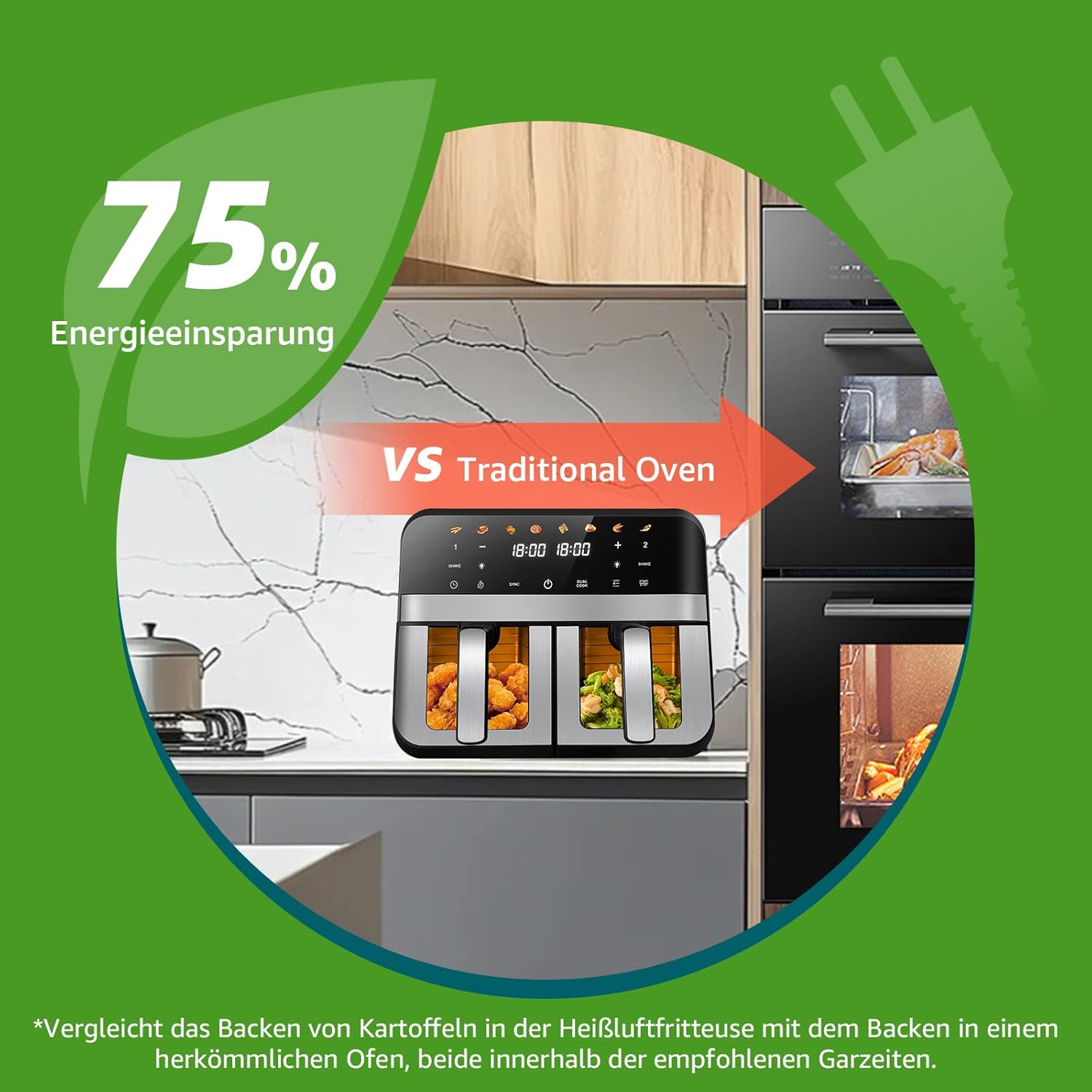 Heißluftfritteuse mit Sichtfenster, 9 Liter, Heißluftfritteuse mit 2 Körben, 8-in-1 digitale Heißluftfritteuse, Smart Fryer, ölfrei, mit Touchscreen | Spülmaschinenfest | 1800 W – Bild 6