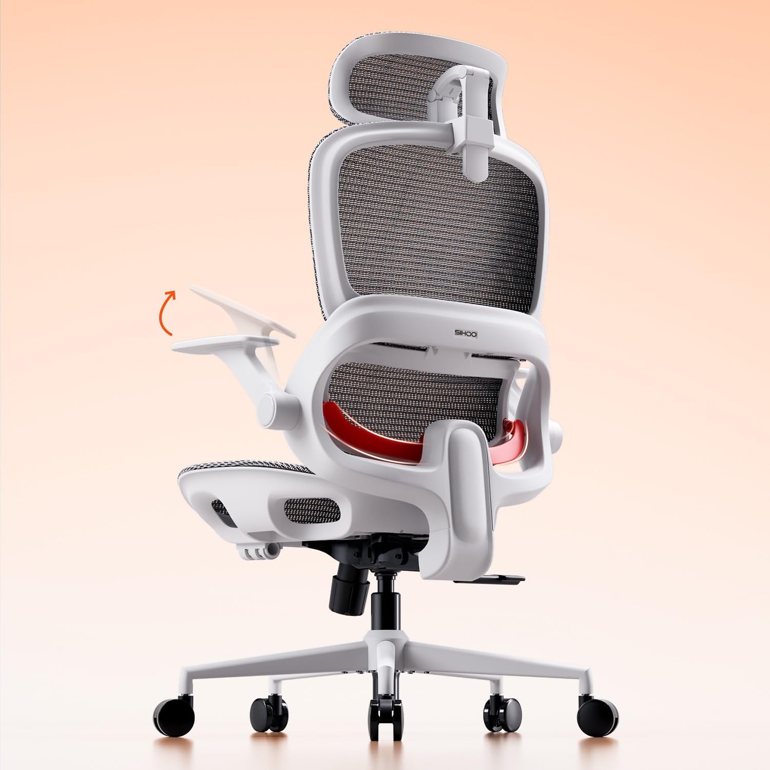 SIHOO Ergonomischer Bürostuhl mit dynamischer 4D-Lendenwirbelstütze, breiter Kopfstütze und klappbaren Armlehnen, 90–135° neigbar, Weiß