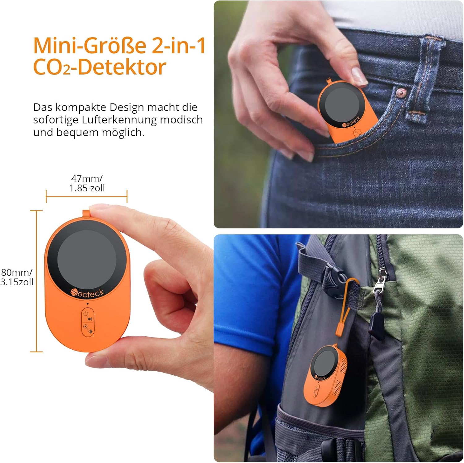 Neoteck Tragbarer CO2-Detektor, Mini-Kohlendioxidsensor mit akustischem und optischem Alarm, wiederaufladbarer 2-in-1-CO2-Monitor 0–5000 PPM für Camping, Abenteuer, Zuhause, Hotel – Bild 6